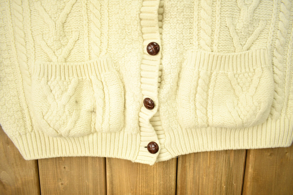 Vintage 1970s Naturally British Wool 3D Cable Knit Button Up Sweater