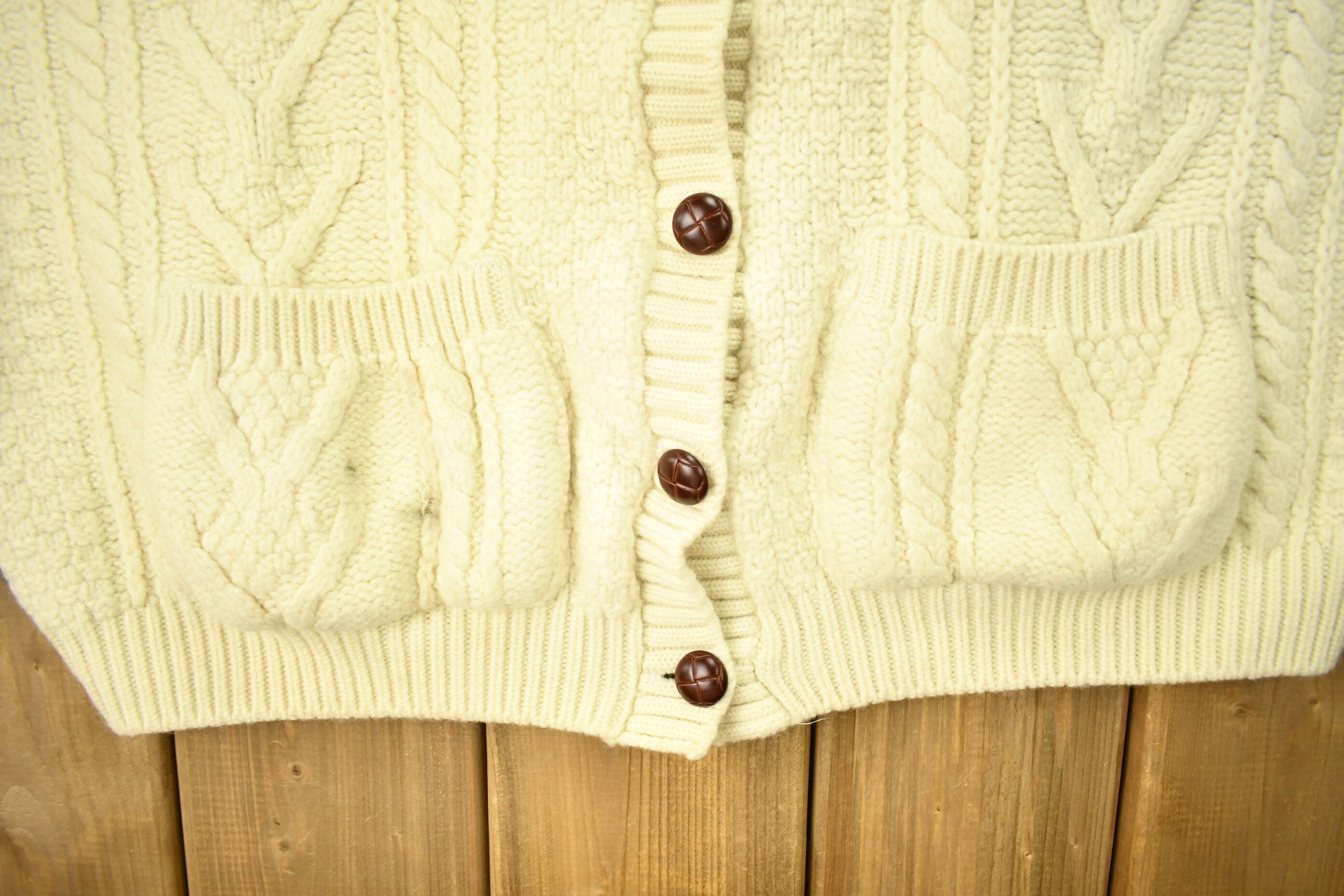 Vintage 1970s Naturally British Wool 3D Cable Knit Button Up Sweater