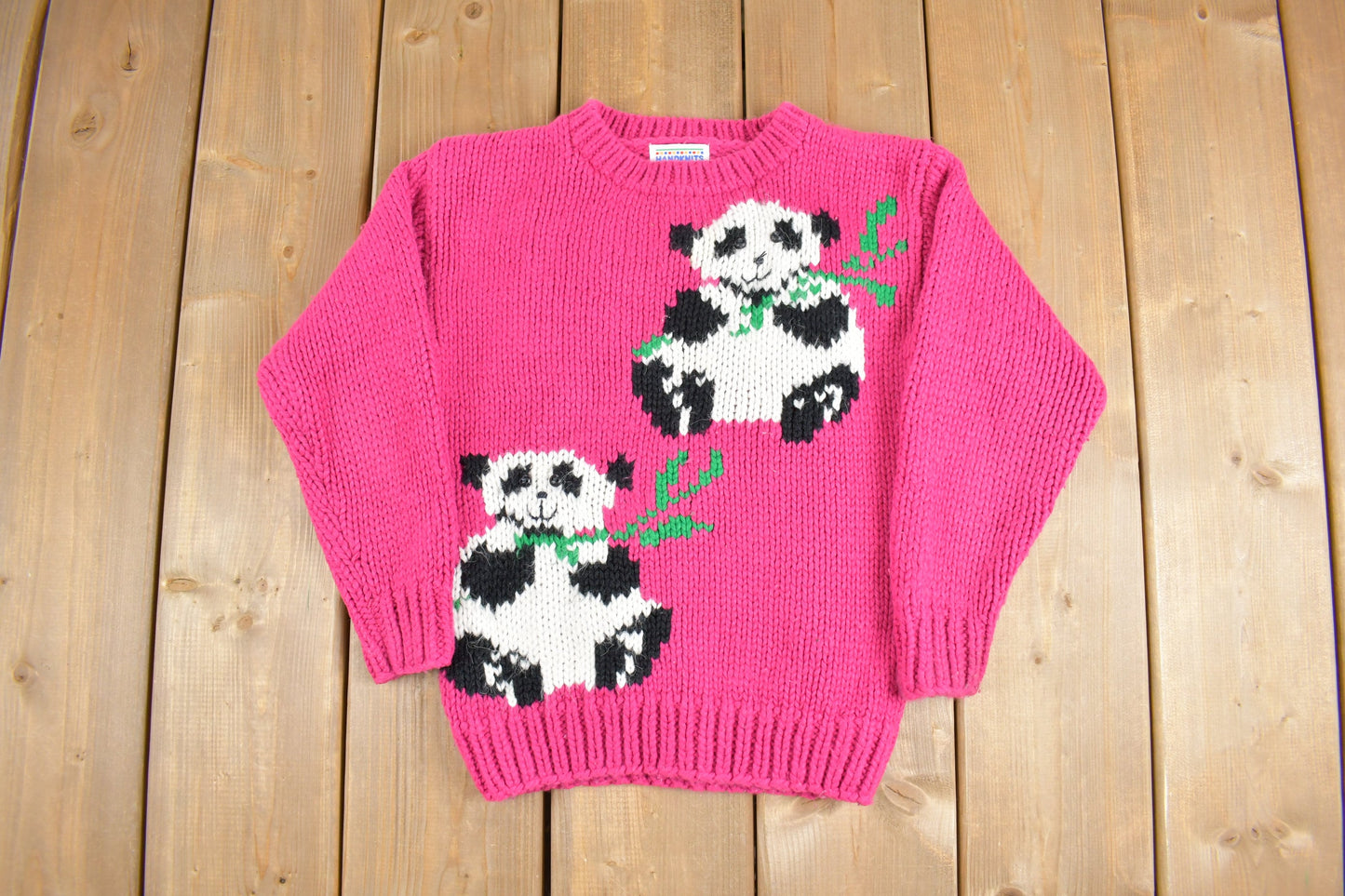 Vintage 1980s Hand Knit Panda Theme Crewneck Sweater / Vintage 80s Crewneck / Cute Pandas / Pink / Youth