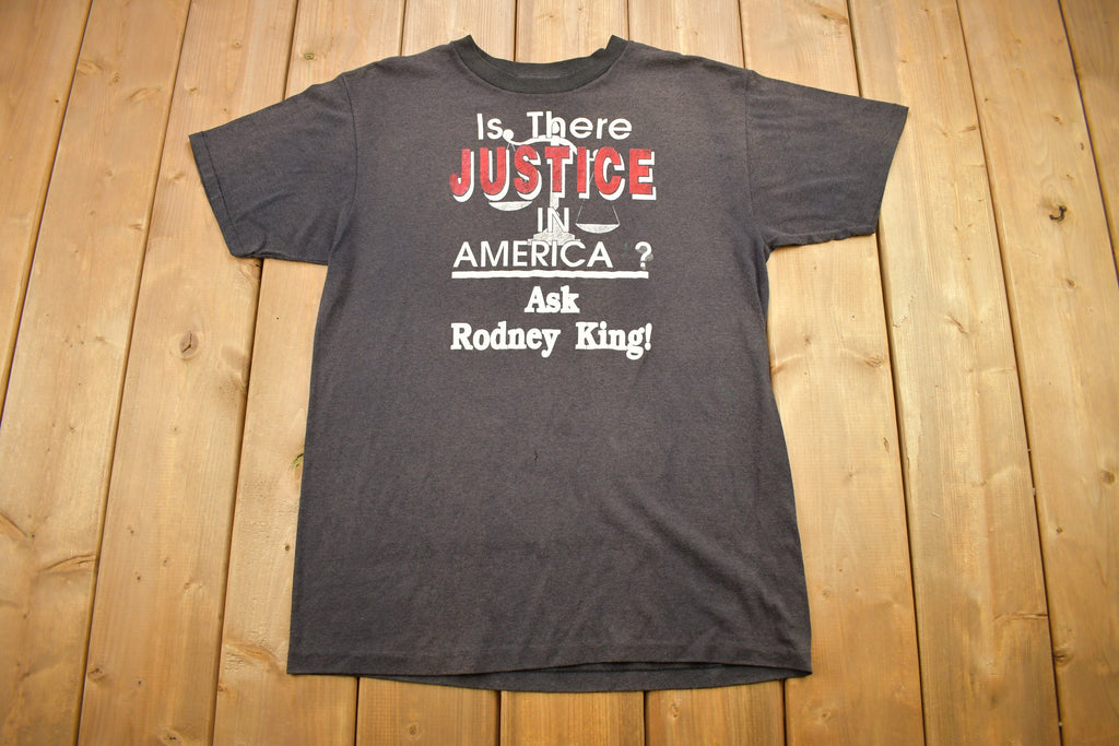 Vintage 1990s Rodney King Justice Theme Graphic 3D Emblem T-Shirt
