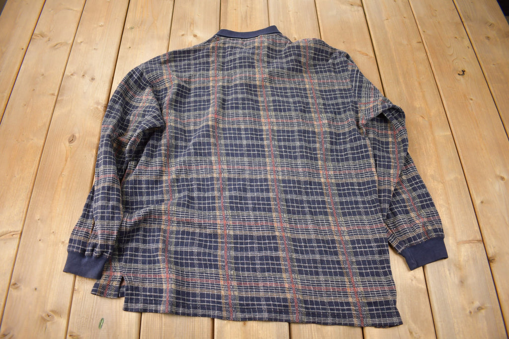 Vintage 1990s Club Room Quarter Button Plaid Collared Crewneck Sweatshirt Size M
