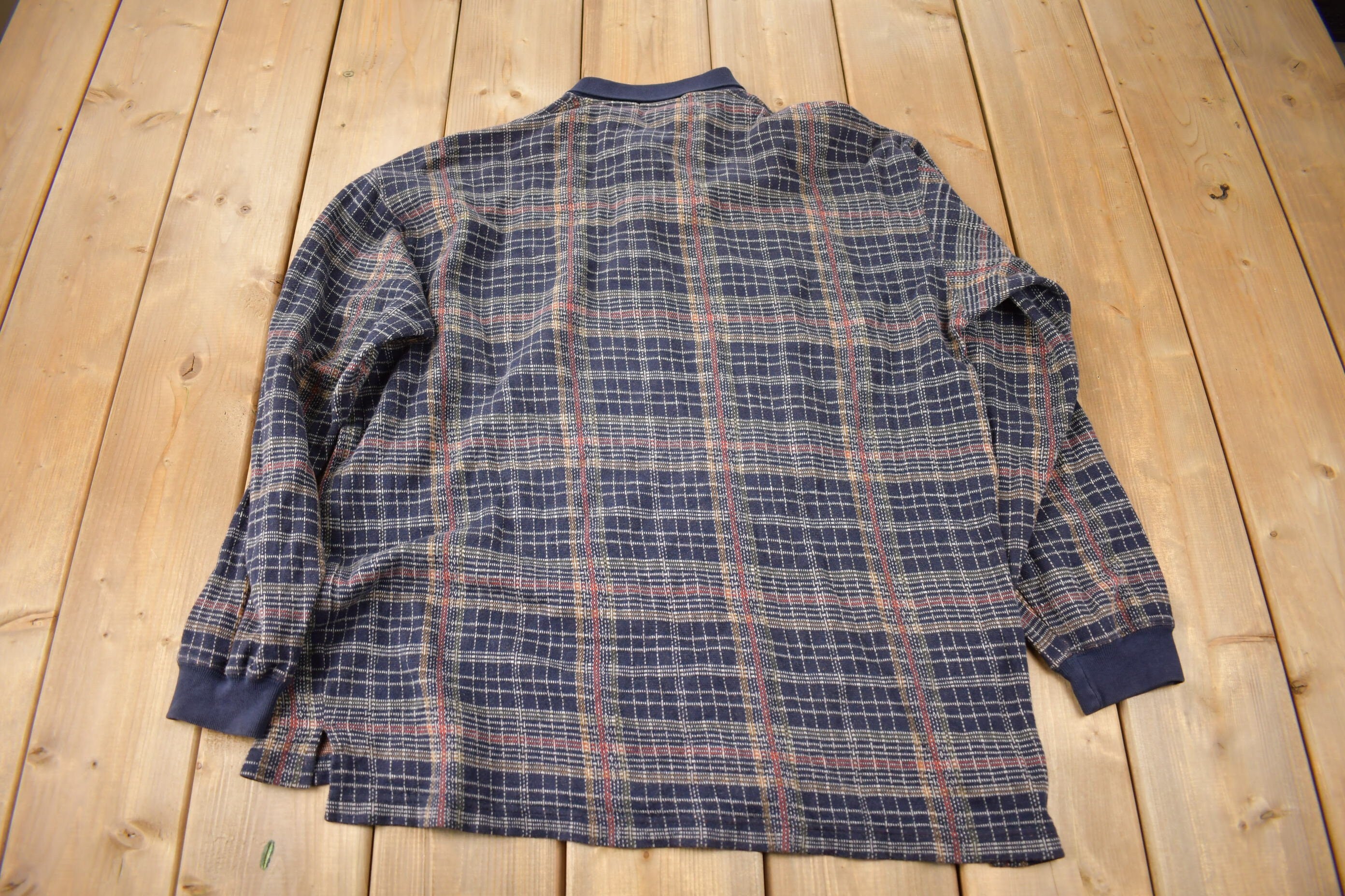 Vintage 1990s Club Room Quarter Button Plaid Collared Crewneck Sweatshirt Size M
