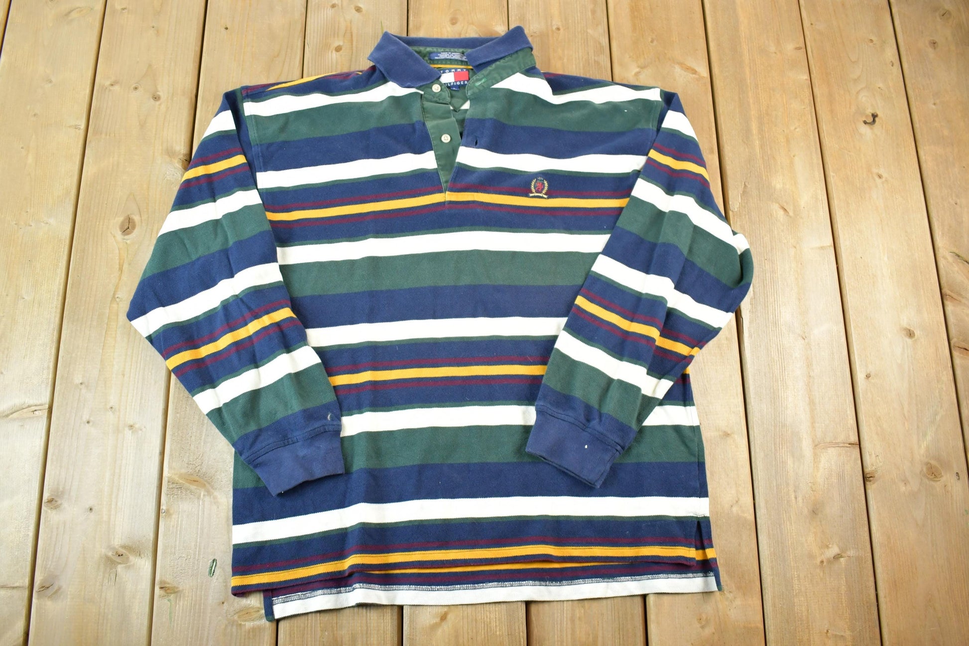 Vintage 1990s Tommy Hilfiger Striped Rugby Style Button Up Long Sleeve Shirt