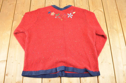 Vintage 1990s Koret City Blues Heavy Knit Flower Cardigan Sweater Women's L / Abstract Pattern 3D Knitted Sweatshirt