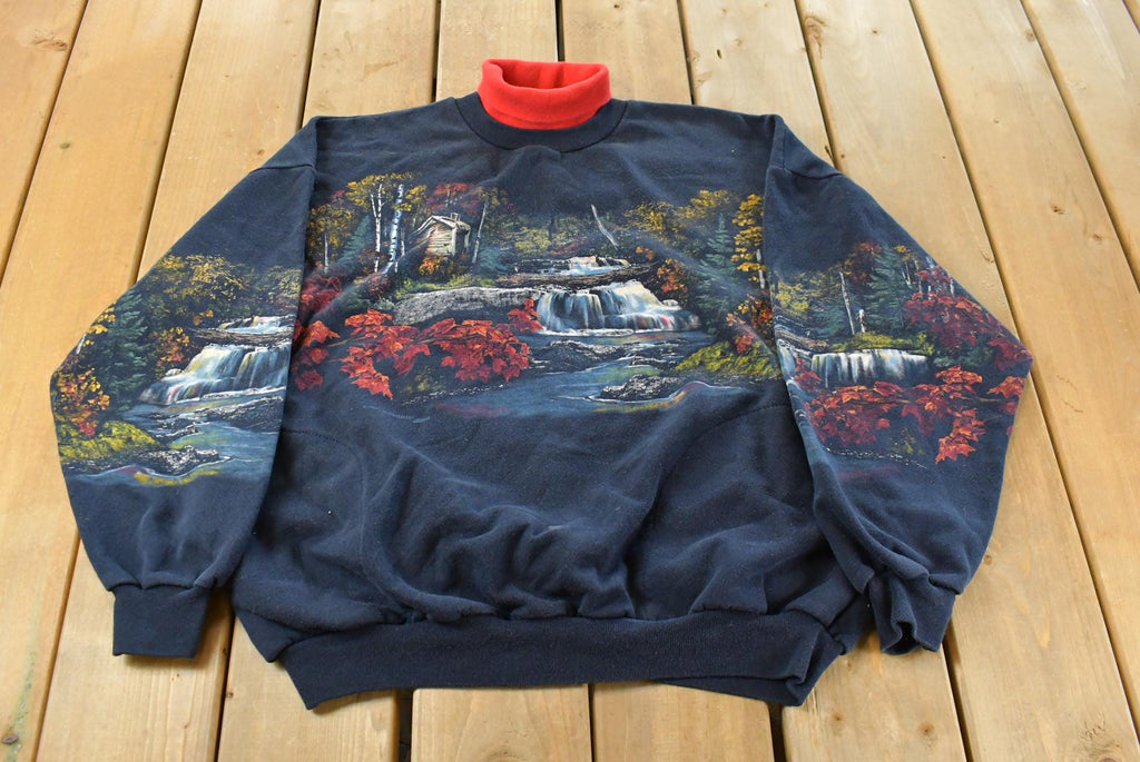 Vintage 1990s Nature Waterfall Graphic Turtleneck Sweatshirt Men's XL / Cottage / Art Unlimited / Wilderness / Made In USA