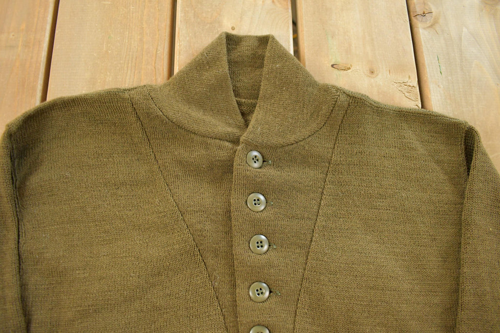 Vintage 1980s Military Wool Olive Henley Knit Sweater Men's Medium