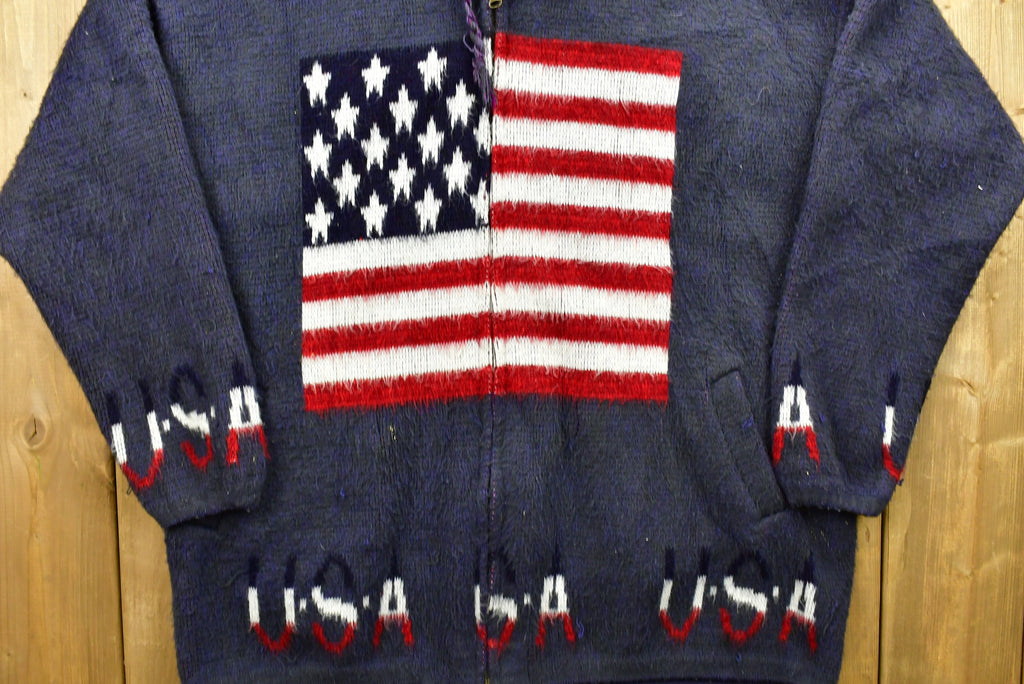 Vintage 90's USA American Flags Wool Knitted Sweater / Vintage 90s Zip Up / Pattern Sweater / Patriotic / Hand Knit / Pullover Sweatshirt