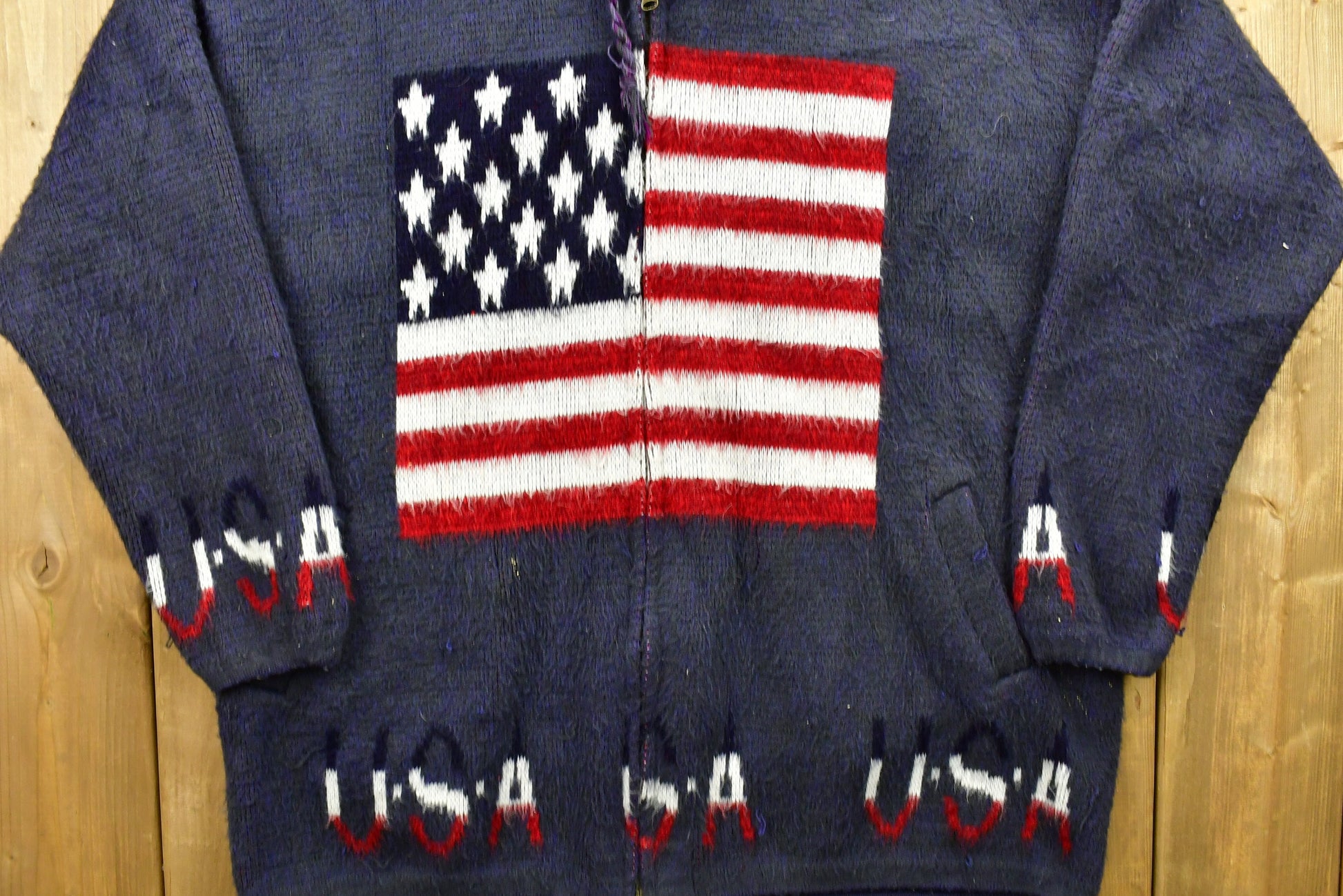 Vintage 90's USA American Flags Wool Knitted Sweater / Vintage 90s Zip Up / Pattern Sweater / Patriotic / Hand Knit / Pullover Sweatshirt
