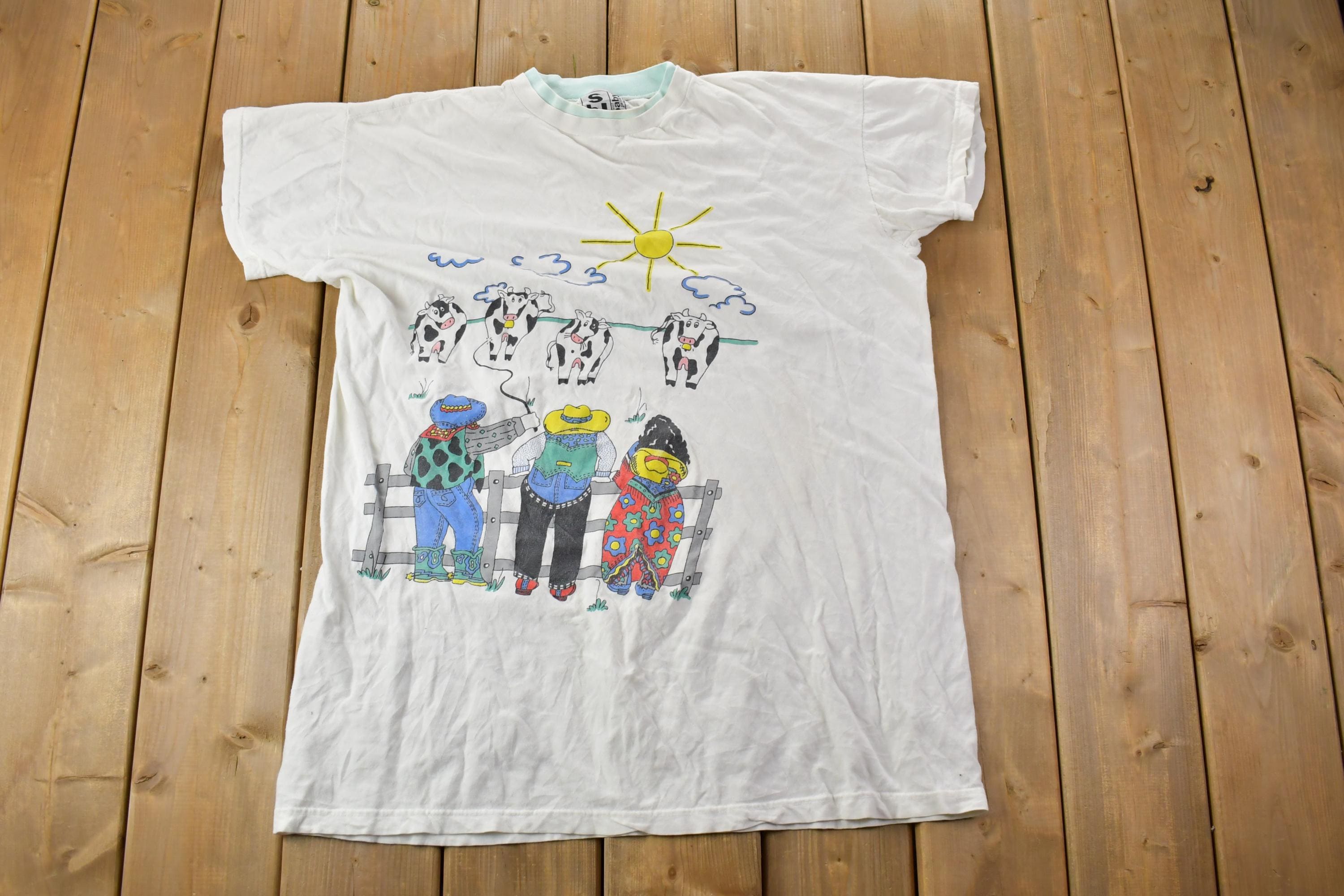 Vintage 1990s Farm Theme Graphic Double Collar T-Shirt