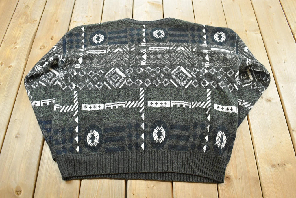 Vintage 1990s Michael Gerald Knitted Crewneck Sweater Mens 2XL / All Over Pattern / Made In Korea / Abstract Geometric Pattern