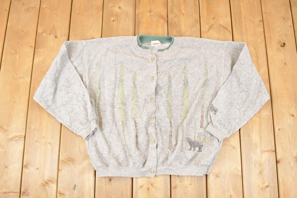 Vintage 1990s Artisans Forest Fleece AOP Double Collar Cardigan Sweatshirt Women's L