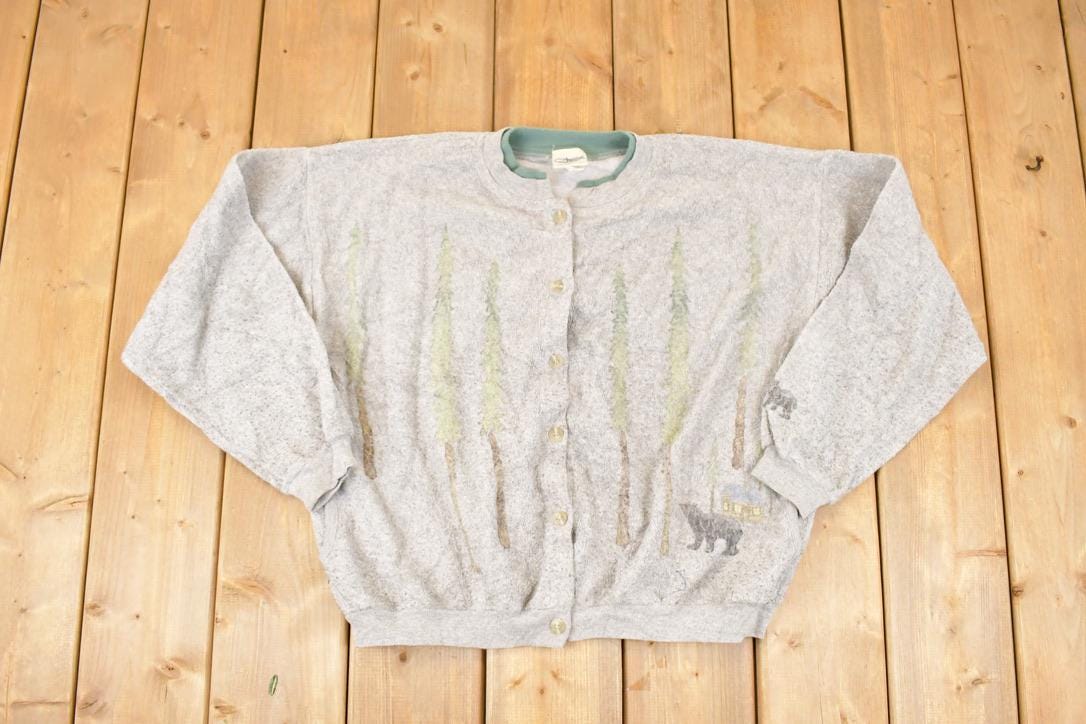 Vintage 1990s Artisans Forest Fleece AOP Double Collar Cardigan Sweatshirt Women's L