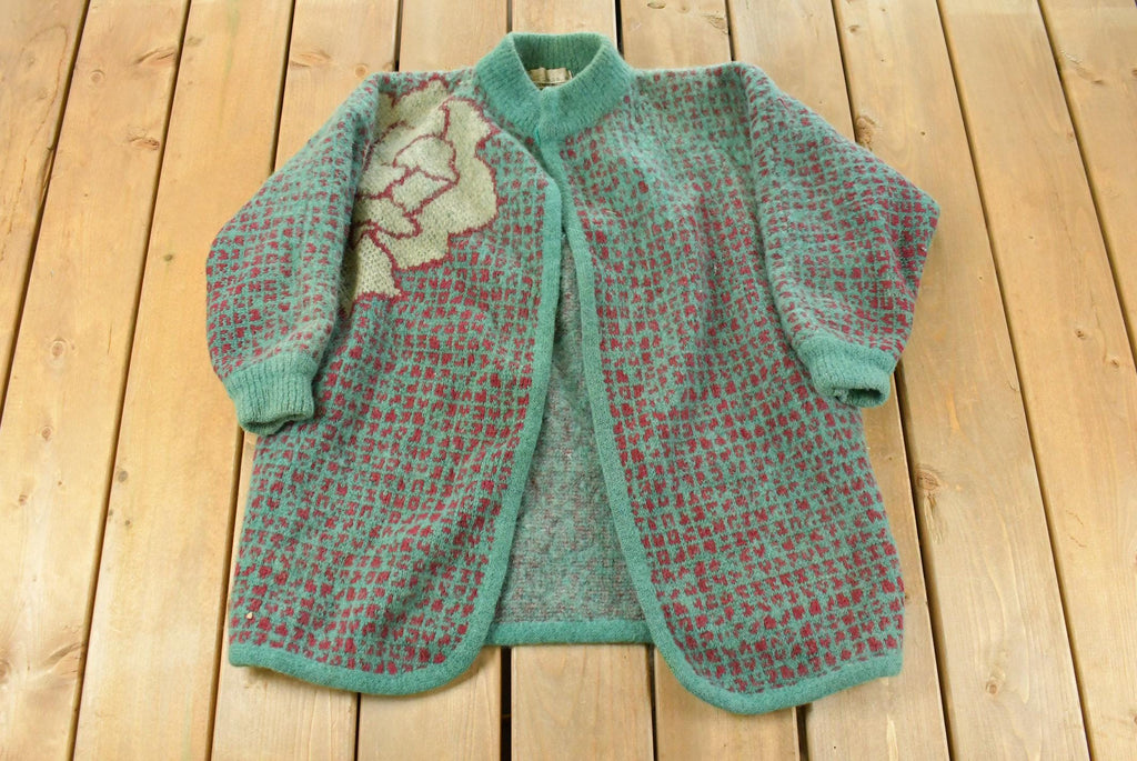 Vintage 1980s Floral Wool Mohair Knit Cardigan Sweater Women's XL