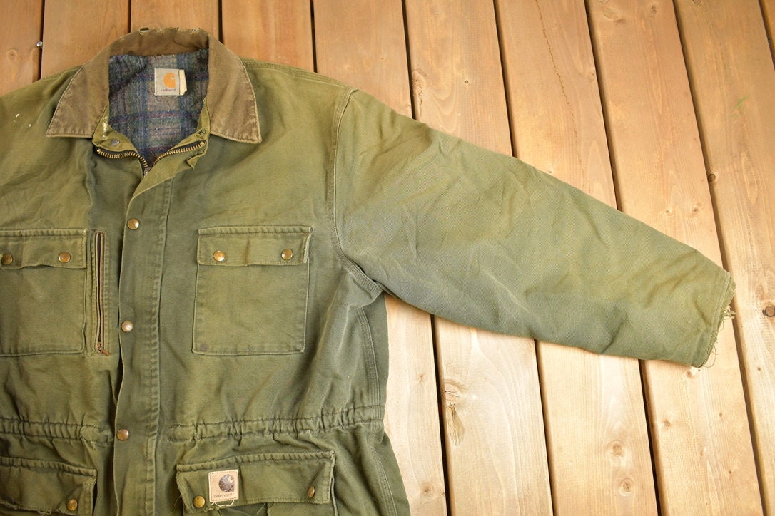 Vintage 1980s Army Green Carhartt Chore Coat Jacket