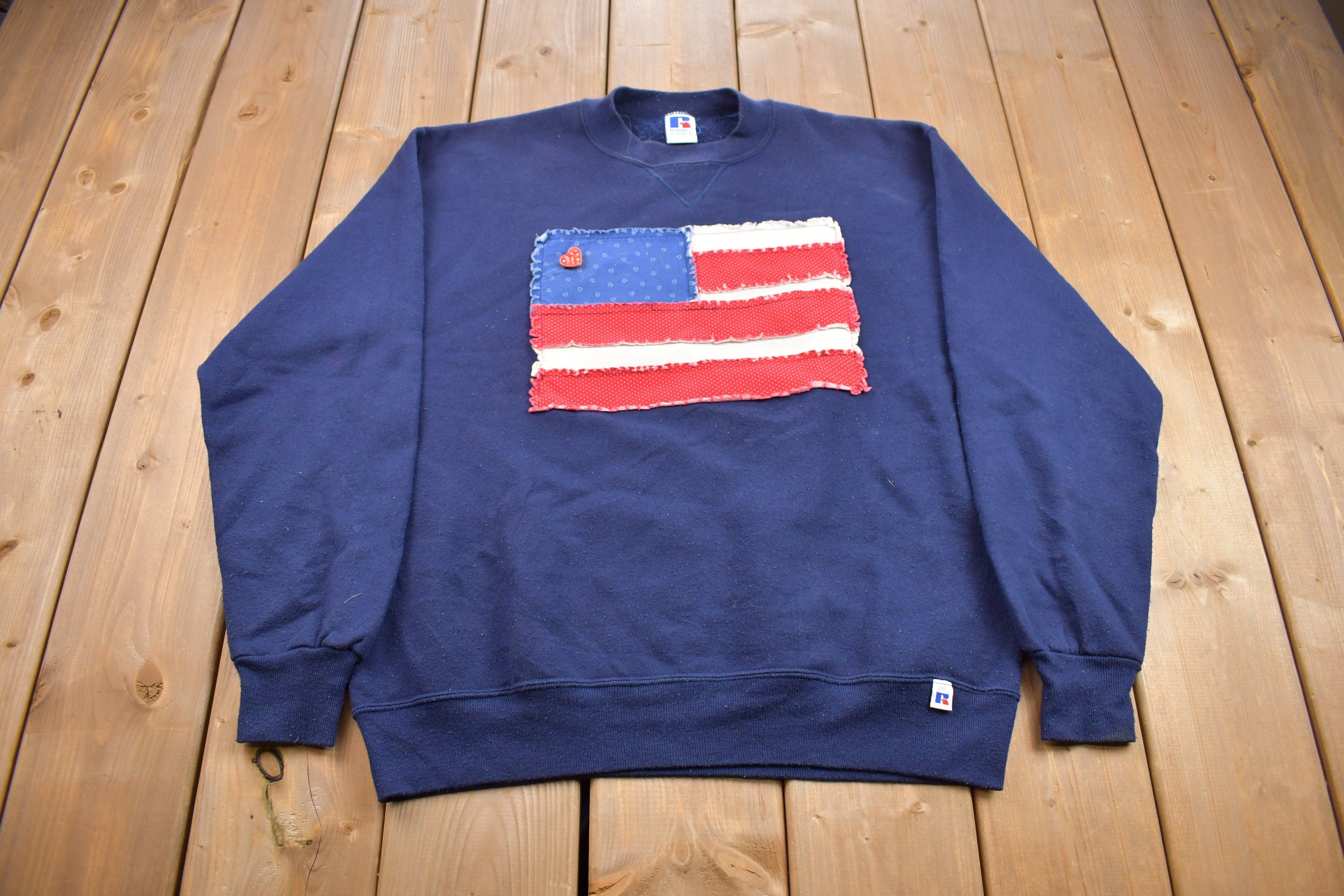 Vintage 1990s Russell Athletic American Flag Crewneck Sweatshirt