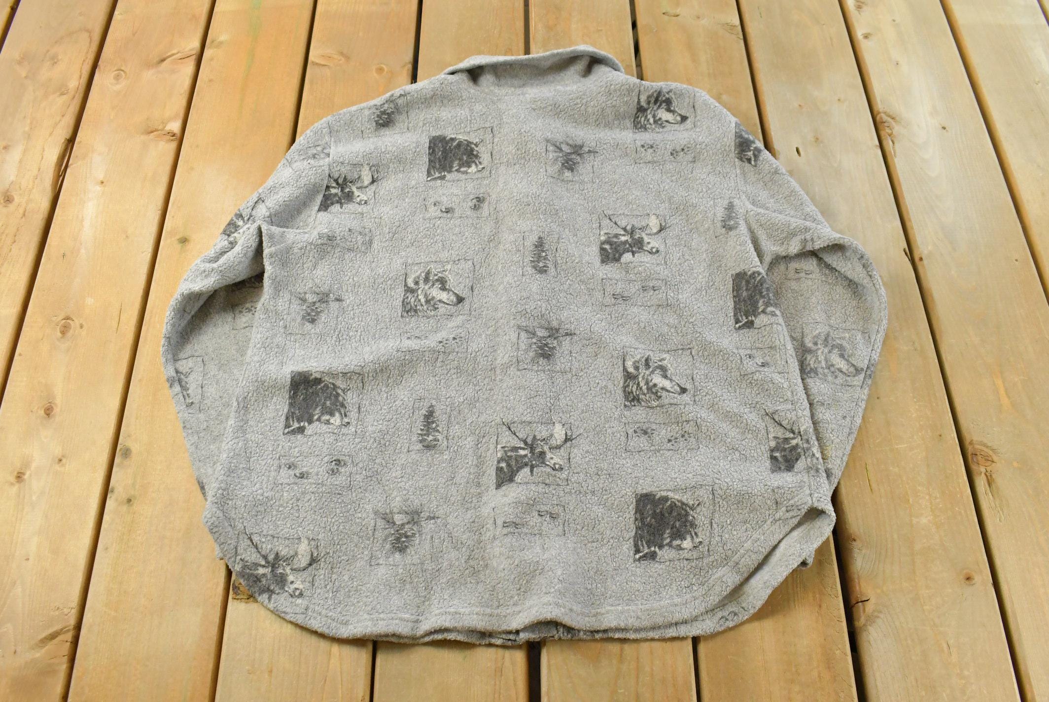 Vintage 1990s Animal Print Fleece Button Up Shirt Mens L