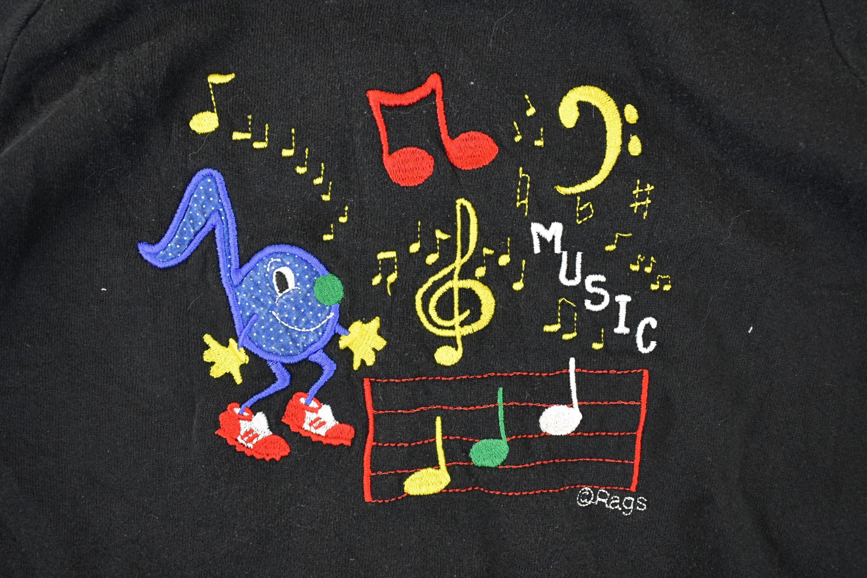 Vintage 1990s Ragz From Richards Embroidered Music Notes Collared Sweatshirt Mens M