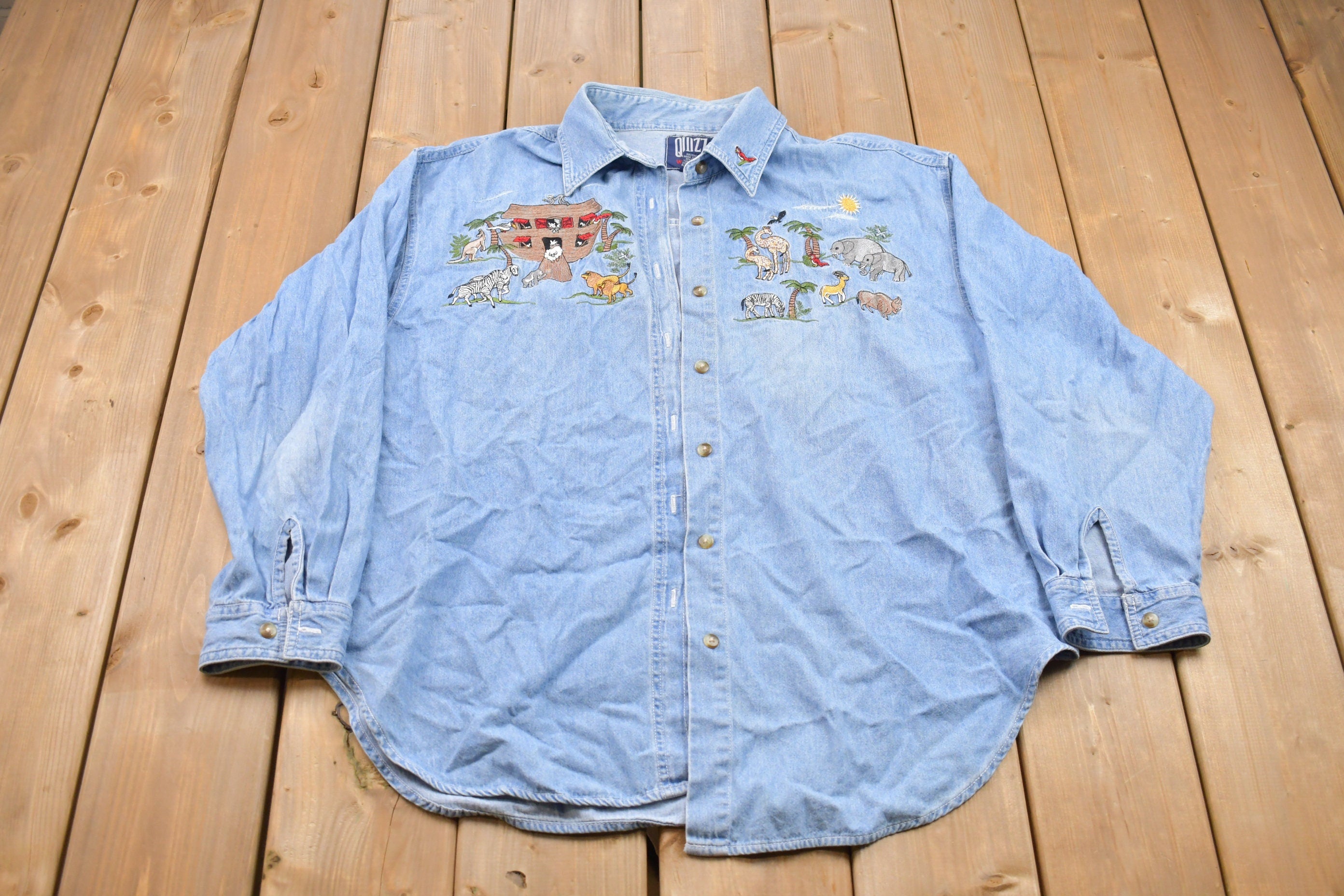 Vintage 1990s Quizz Embroidered Animals Denim Button Up Shirt