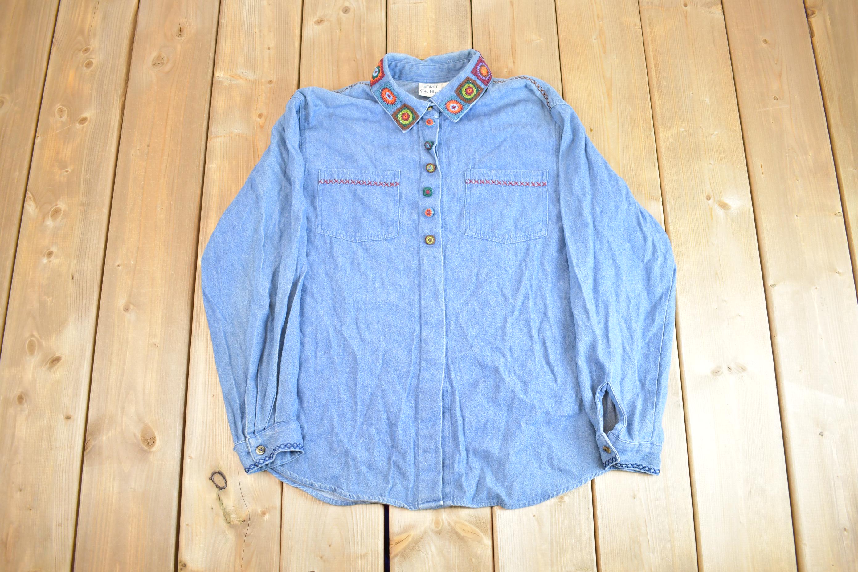 Vintage 1990s KORET City Blues Petites Embroidered Jean Garden Long Sleeve Shirt