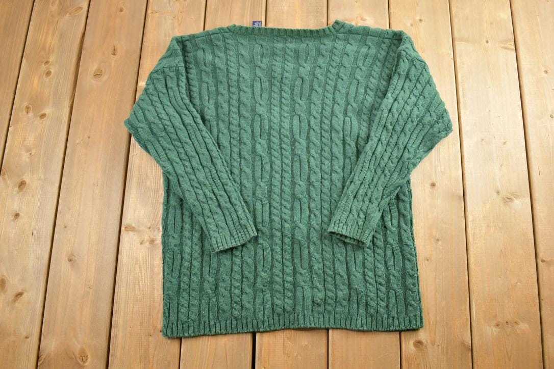 Vintage 1990s Gap Green 3D Colored Cable Knit V Neck Sweater