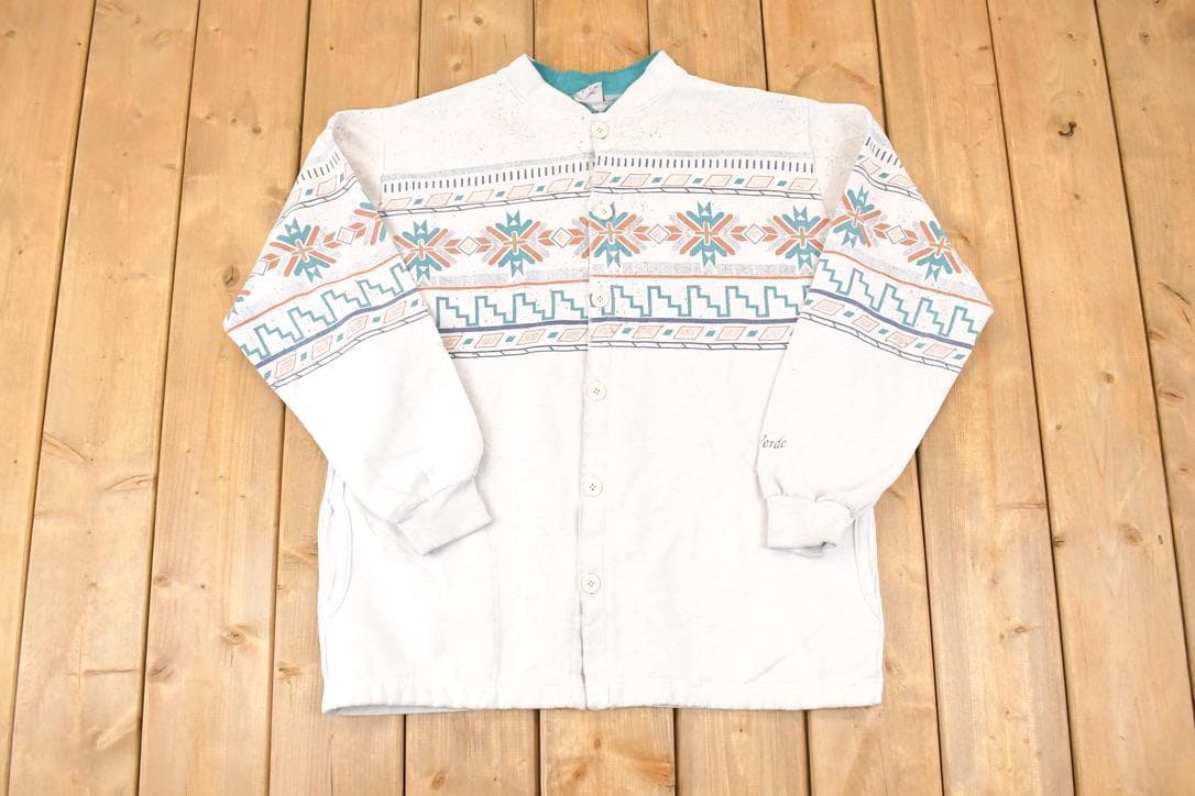 Vintage 1990s Art Unlimited Abstract AOP Graphic Print Button Up Crewneck Sweatshirt Men's L / Made In USA / 90's Double Collar Sweater