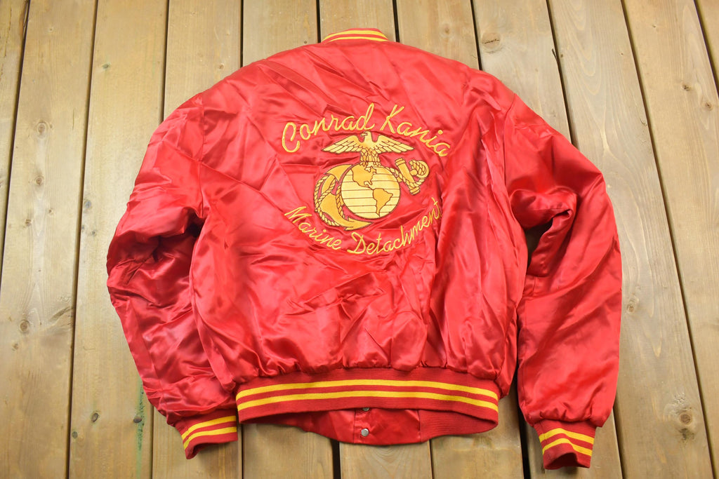 Vintage Marines Conrad Kania Marine Detachment Satin Military Button Up Bomber Army Jacket