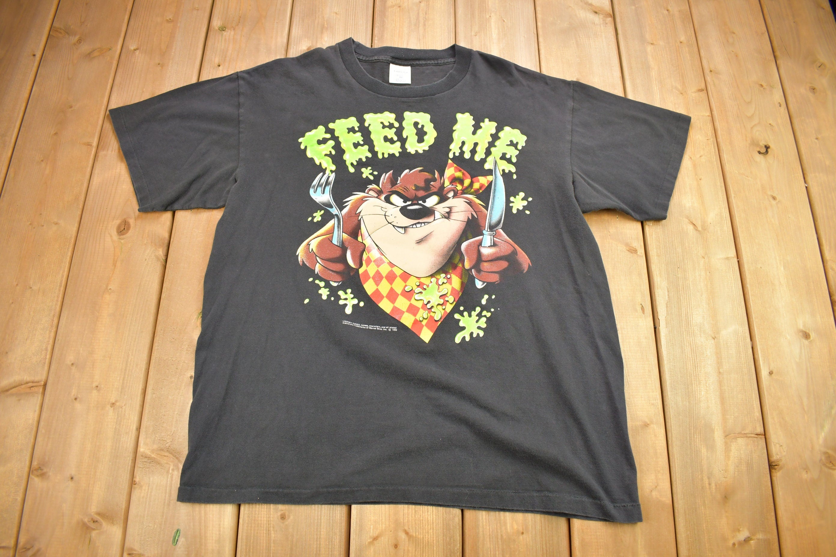 Vintage 1992 Taz "Feed Me" Graphic Looney Tunes T-Shirt