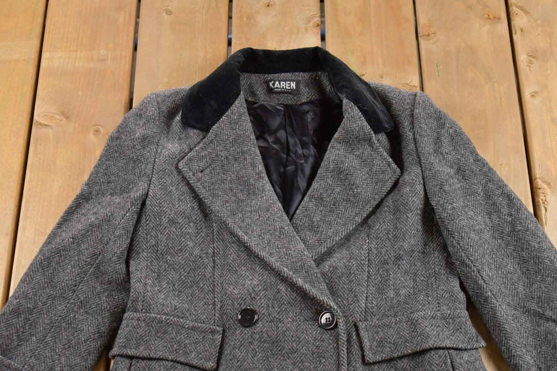 Vintage 1980s Karen Full Length 100% Wool Coat / Herringbone / Winter Outerwear / Streetwear / Made In USA / 80s Clothing