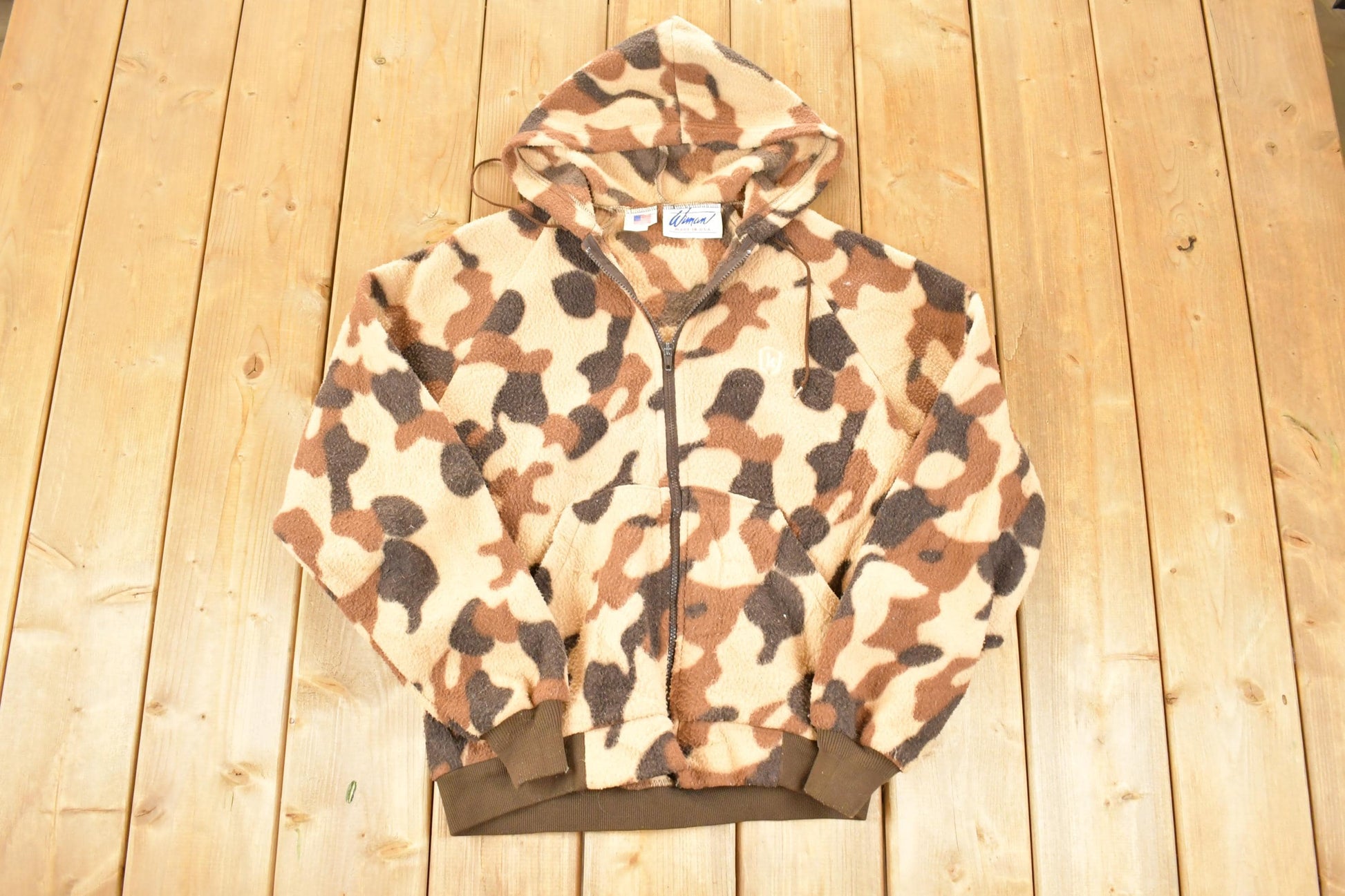 Vintage 1980s Wiman Camo Fleece Hoodie Sweatshirt Men's M / Made In USA / 90s Destination Crewneck / Vintage Souvenir Camoflauge Crewneck