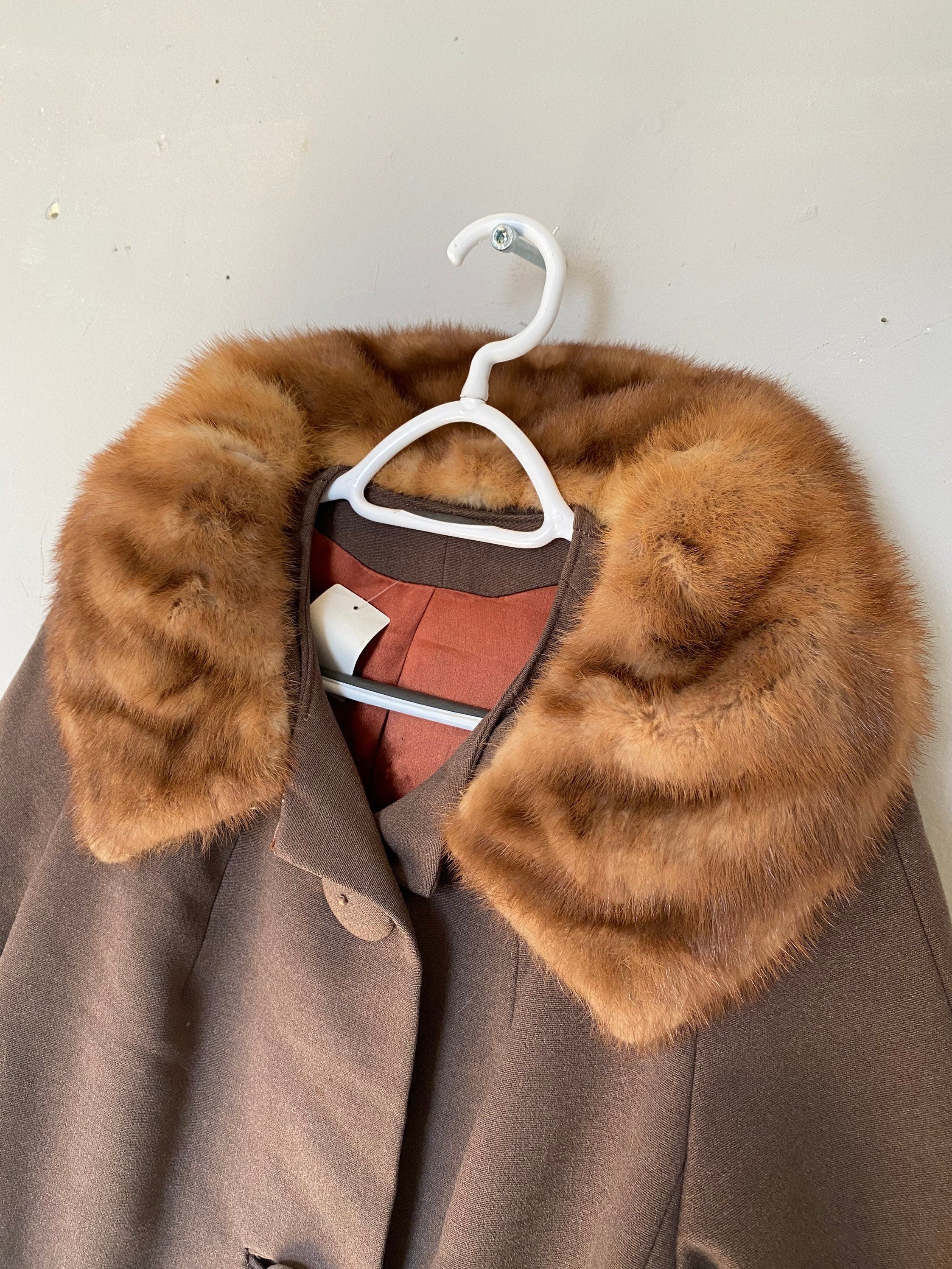 Vintage 1950s Peau De Faille Fur Collared Long Pea Coat Jacket