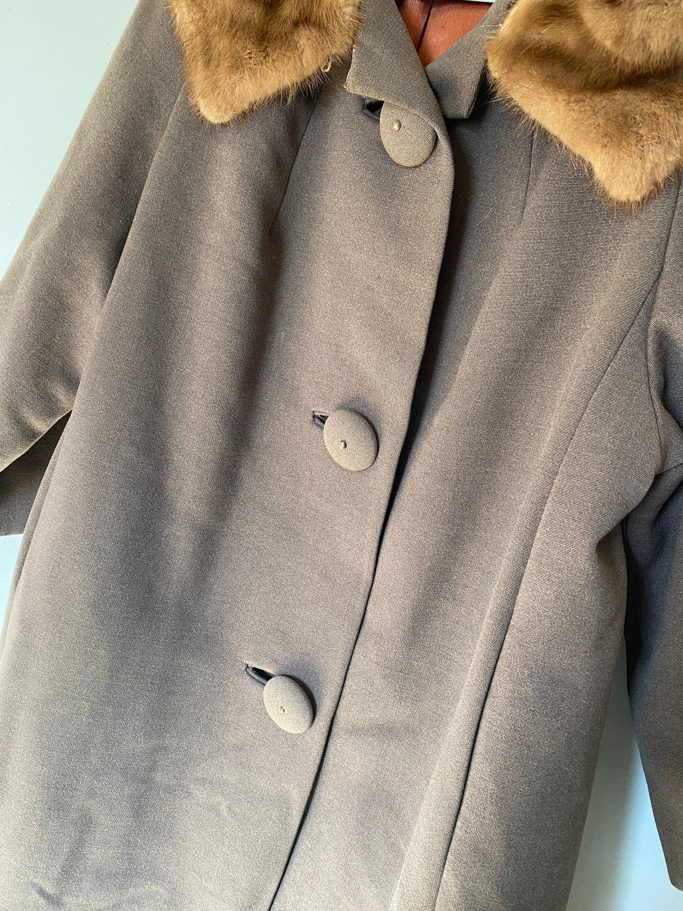 Vintage 1950s Peau De Faille Fur Collared Long Pea Coat Jacket