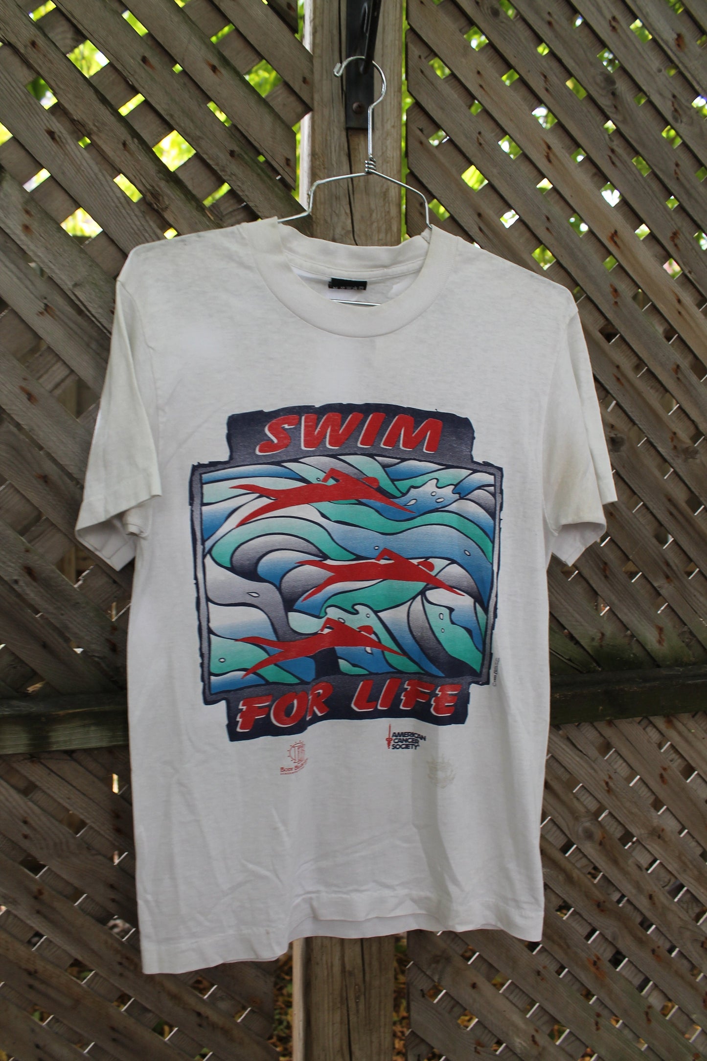 Vintage 1995 Swim For Life American Cancer Society T-Shirt / Abstract Art Graphic / Single Stitch / Made In USA / Sportswear