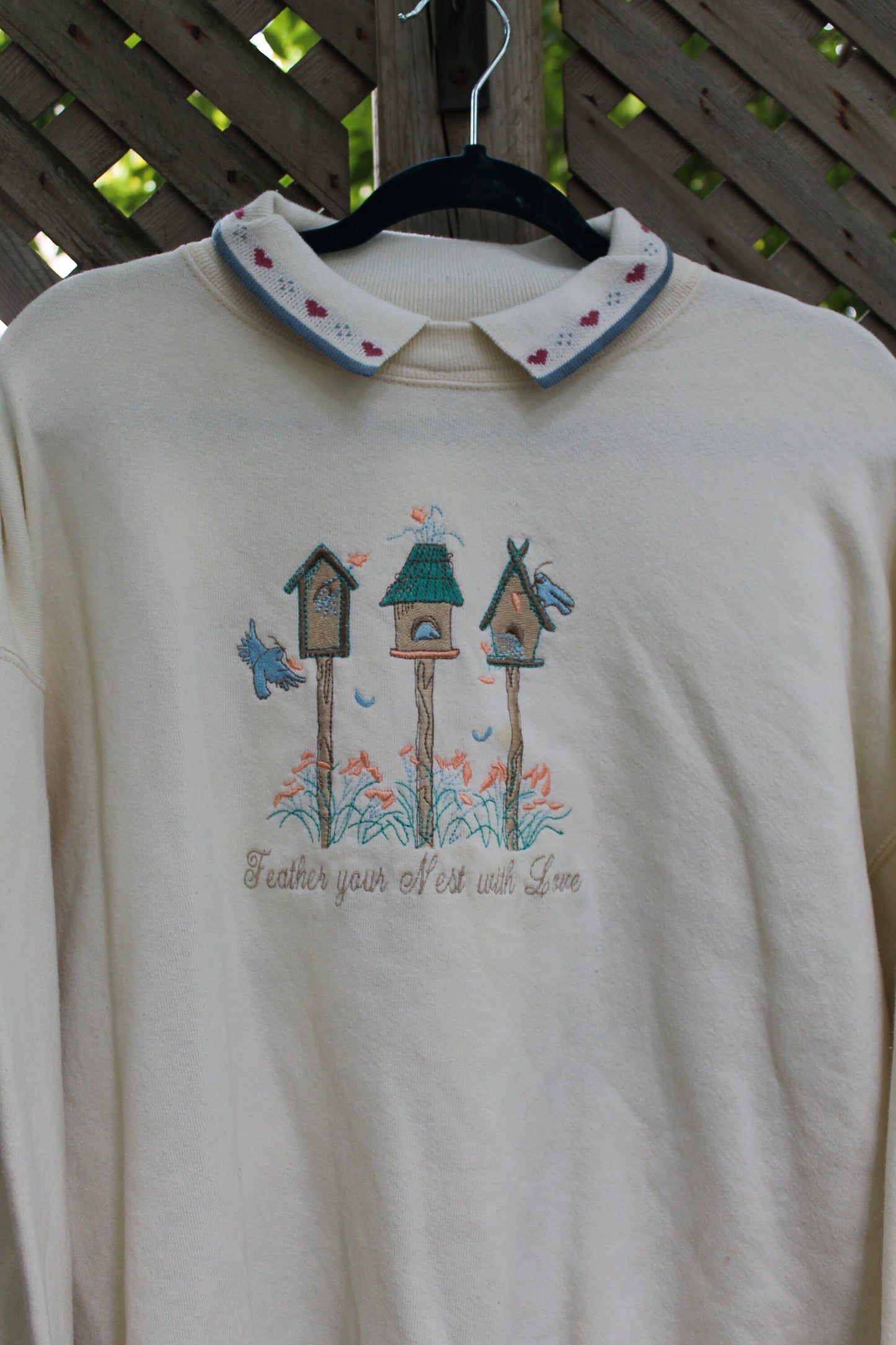 Vintage 1990s Feather Your Nest With Love Crewneck / Cute Bird Sweater / Beige Sweatshirt / Embroidered / Bird Theme