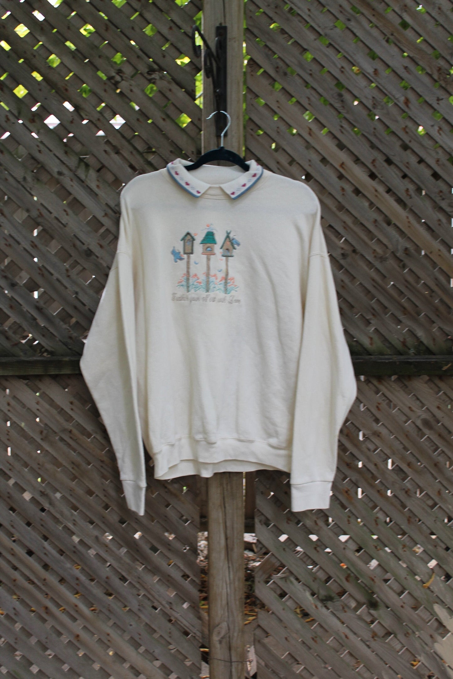 Vintage 1990s Feather Your Nest With Love Crewneck / Cute Bird Sweater / Beige Sweatshirt / Embroidered / Bird Theme