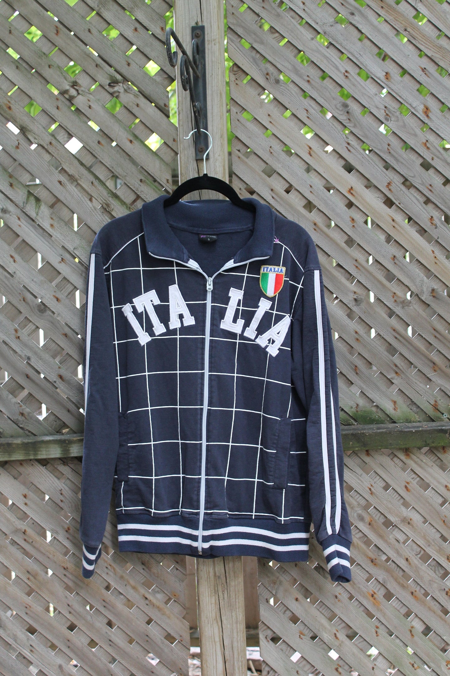 Vintage 1990s Italia Spellout Sweatshirt / Athletic Zip Up / Embroidery Patchwork / Checkerboard Print / Italy Souvenir