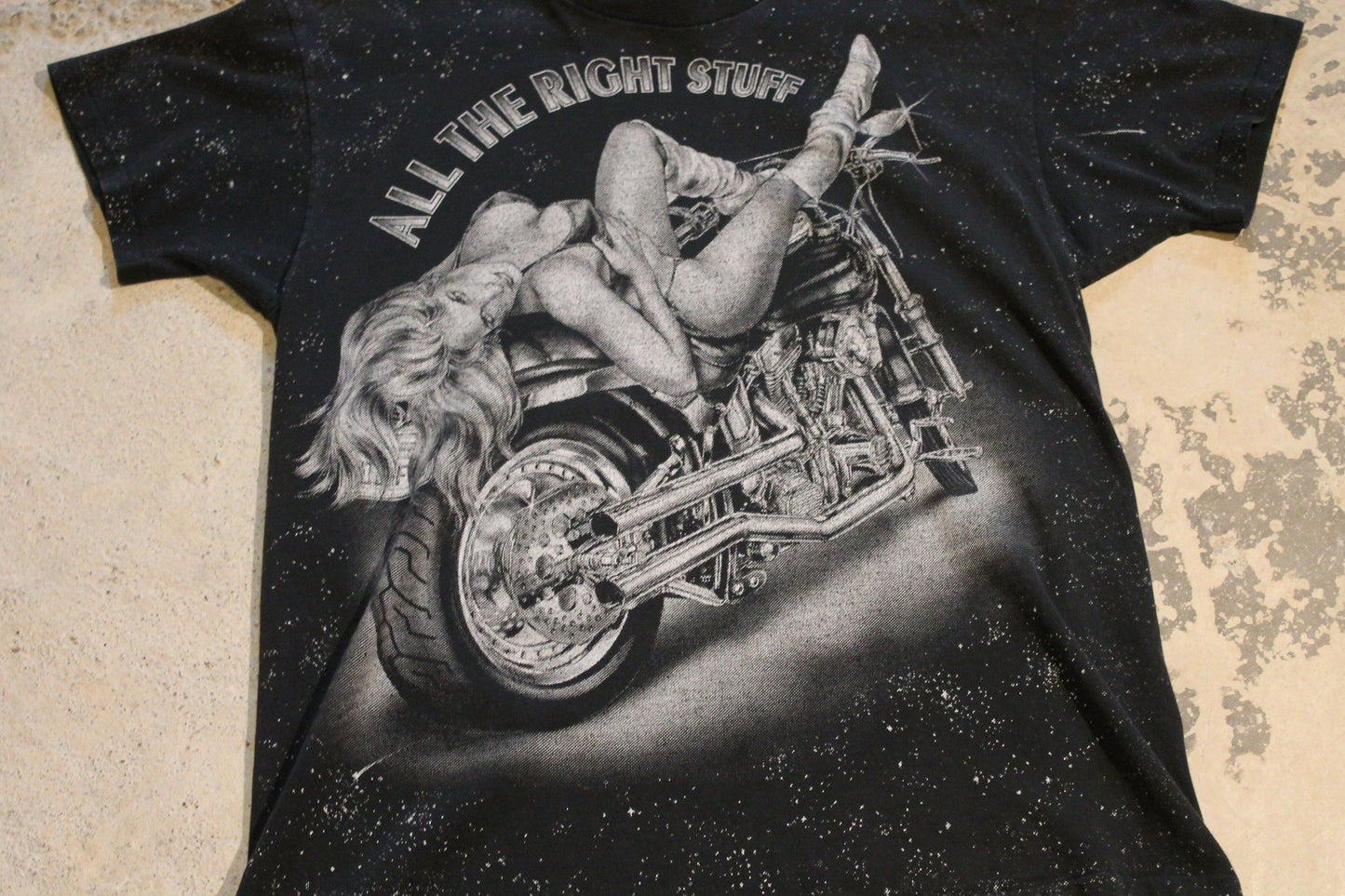 Vintage 1990s All The Right Stuff Biker Babe All Over Print T-Shirt / Big Graphic / Motorcycle Model  / Made In USA / Single Stitch