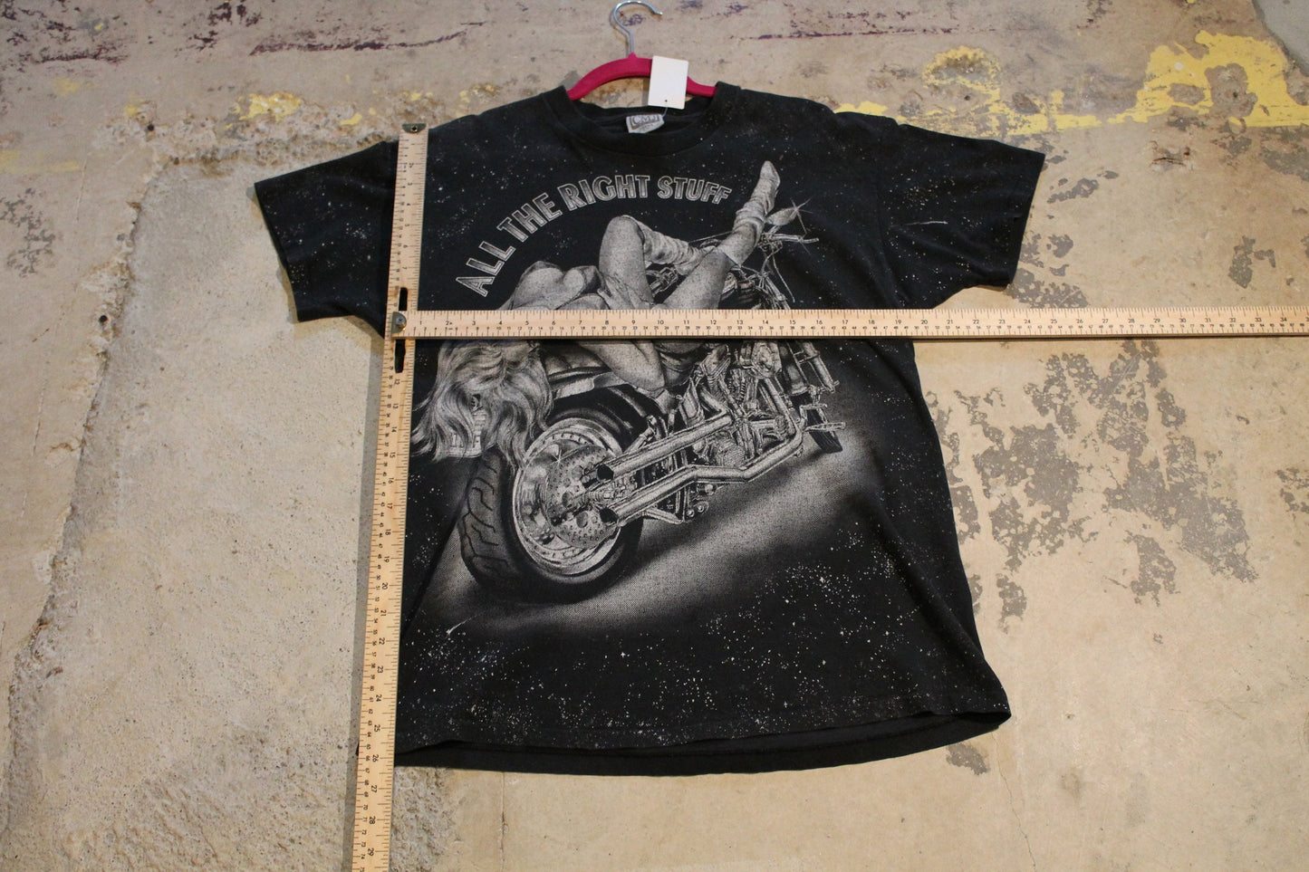 Vintage 1990s All The Right Stuff Biker Babe All Over Print T-Shirt / Big Graphic / Motorcycle Model  / Made In USA / Single Stitch