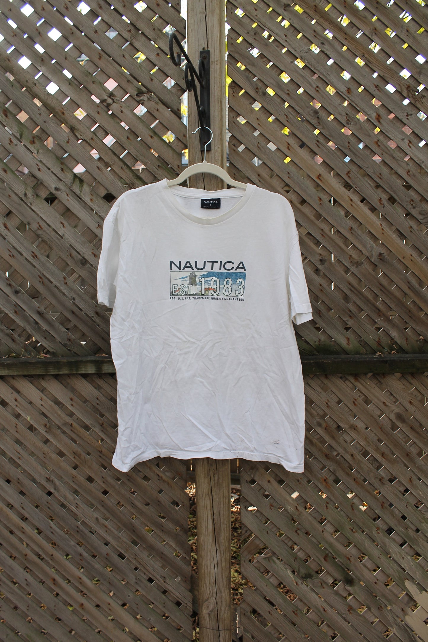 Vintage 1990s Nautica Sailing Graphic T Shirt  / Lighthouse Graphic / Big Box Logo Print / 80s / 90s / Streetwear Fashion / Made In USA