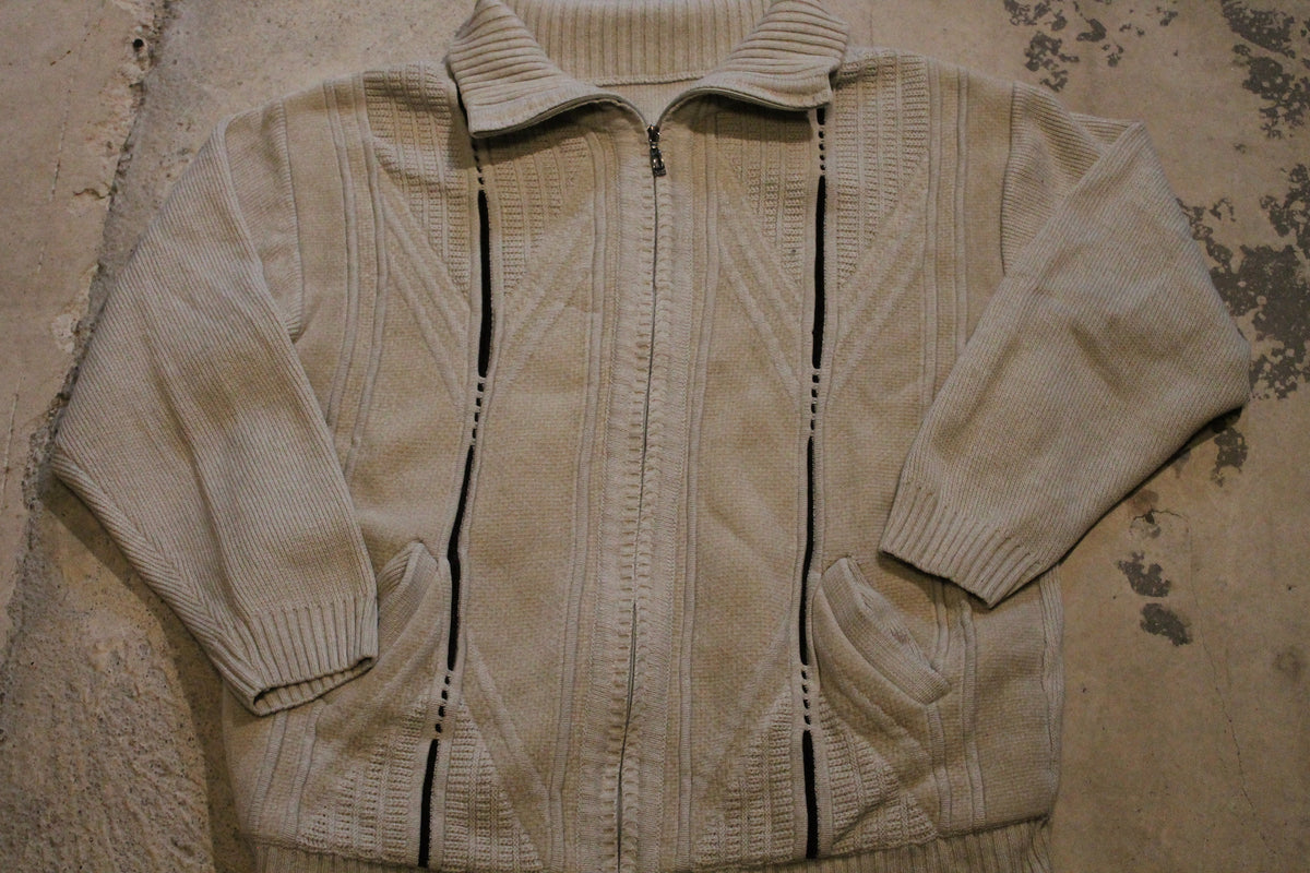 Vintage 1990s 3D Cable Knit Full Zip Sweater