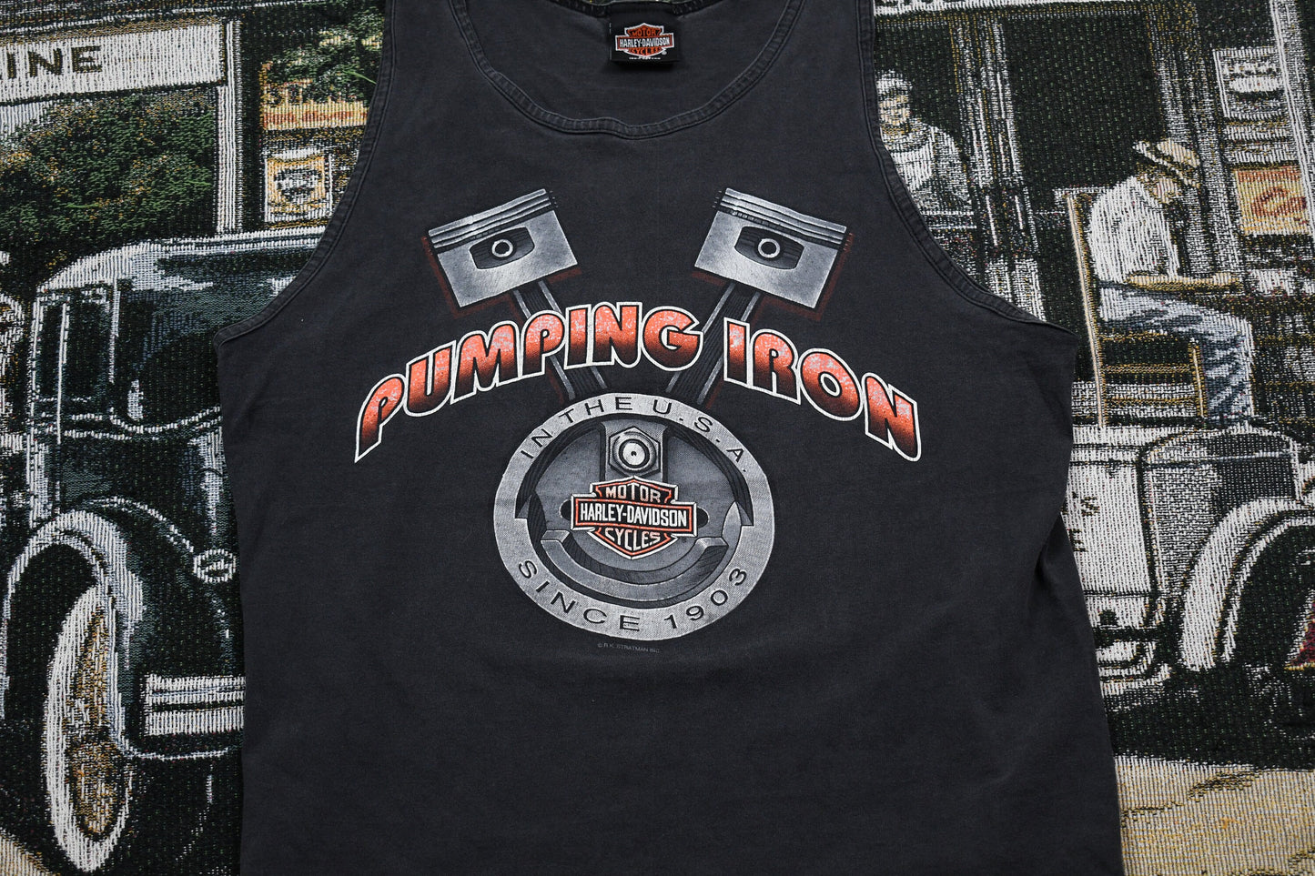 Vintage 1990s Harley Davidson Pumping Iron Tank Top Shirt / Big Twin Aruba / Bald Eagle Print / Streetwear Fashion Made In USA