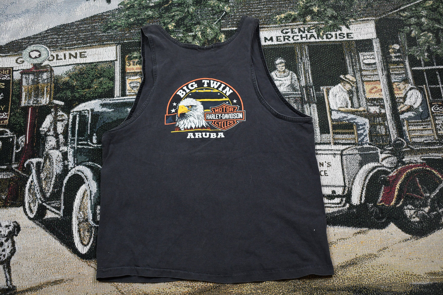 Vintage 1990s Harley Davidson Pumping Iron Tank Top Shirt / Big Twin Aruba / Bald Eagle Print / Streetwear Fashion Made In USA