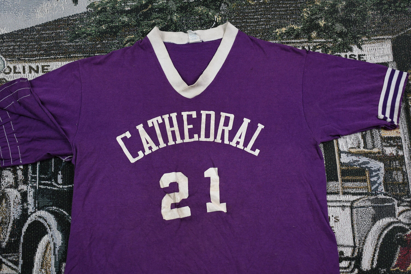 Vintage 1980s Cathedral Sportswear Jersey Style T Shirt / 80s / 90s / Streetwear Fashion / Retro Style / V-Neck / Made In The USA / Ringer