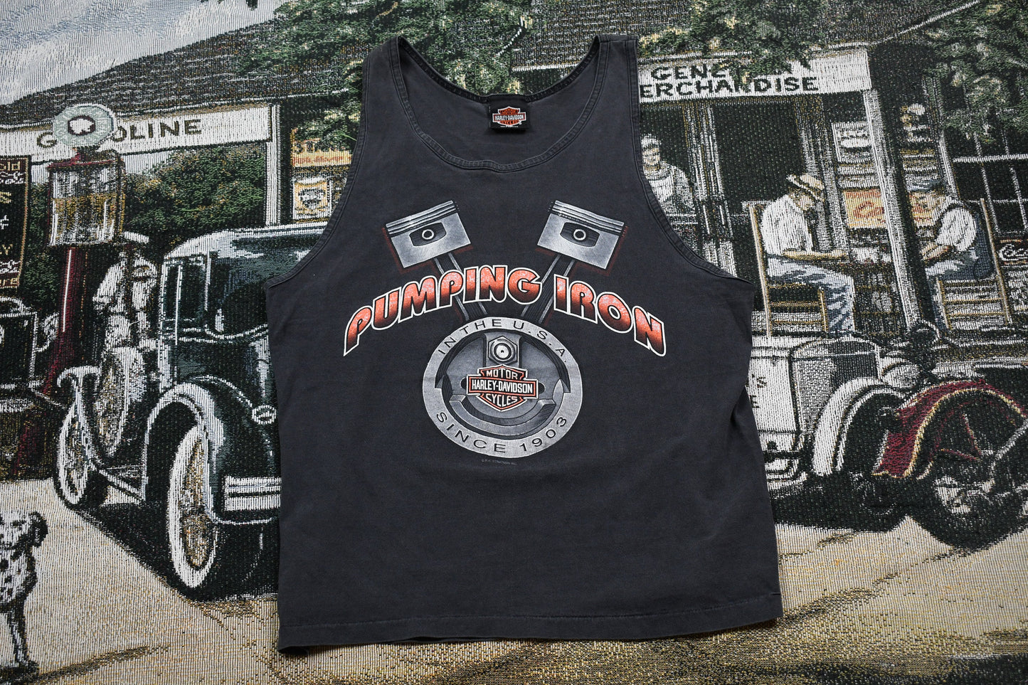 Vintage 1990s Harley Davidson Pumping Iron Tank Top Shirt / Big Twin Aruba / Bald Eagle Print / Streetwear Fashion Made In USA