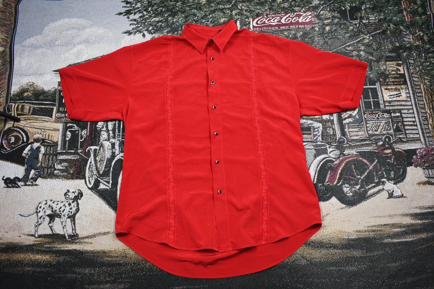 Vintage 1990s Blank Red Button Up T-Shirt / Plain / Minimal / Streetwear Fashion / Striped Print / Embroidered Scorpion Graphic