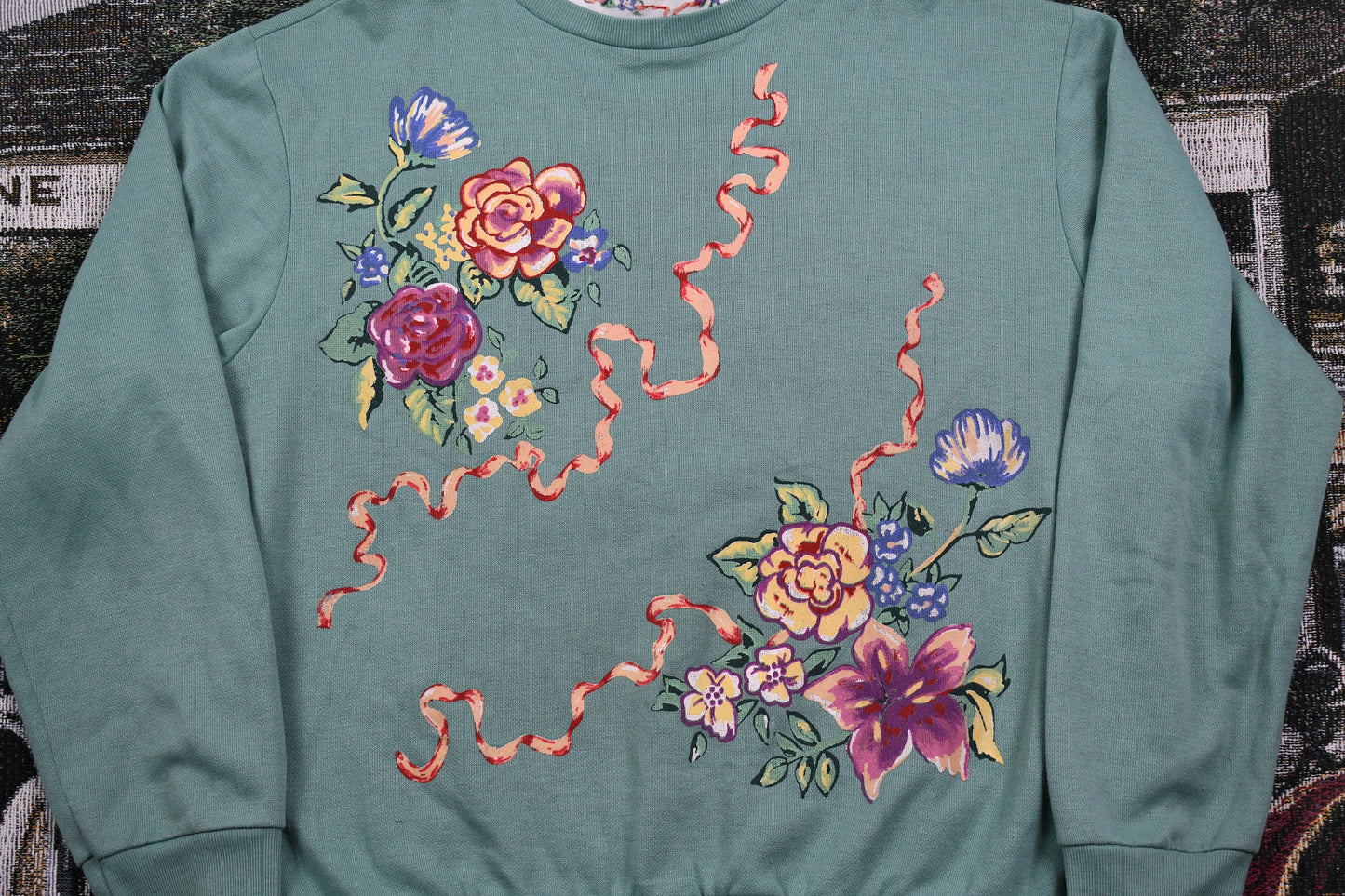 Vintage 1990s Blair Double Collar Crewneck / Nature Print / Vintage Floral Sweatshirt / Flowers / Grandma Sweatshirt / Made In USA