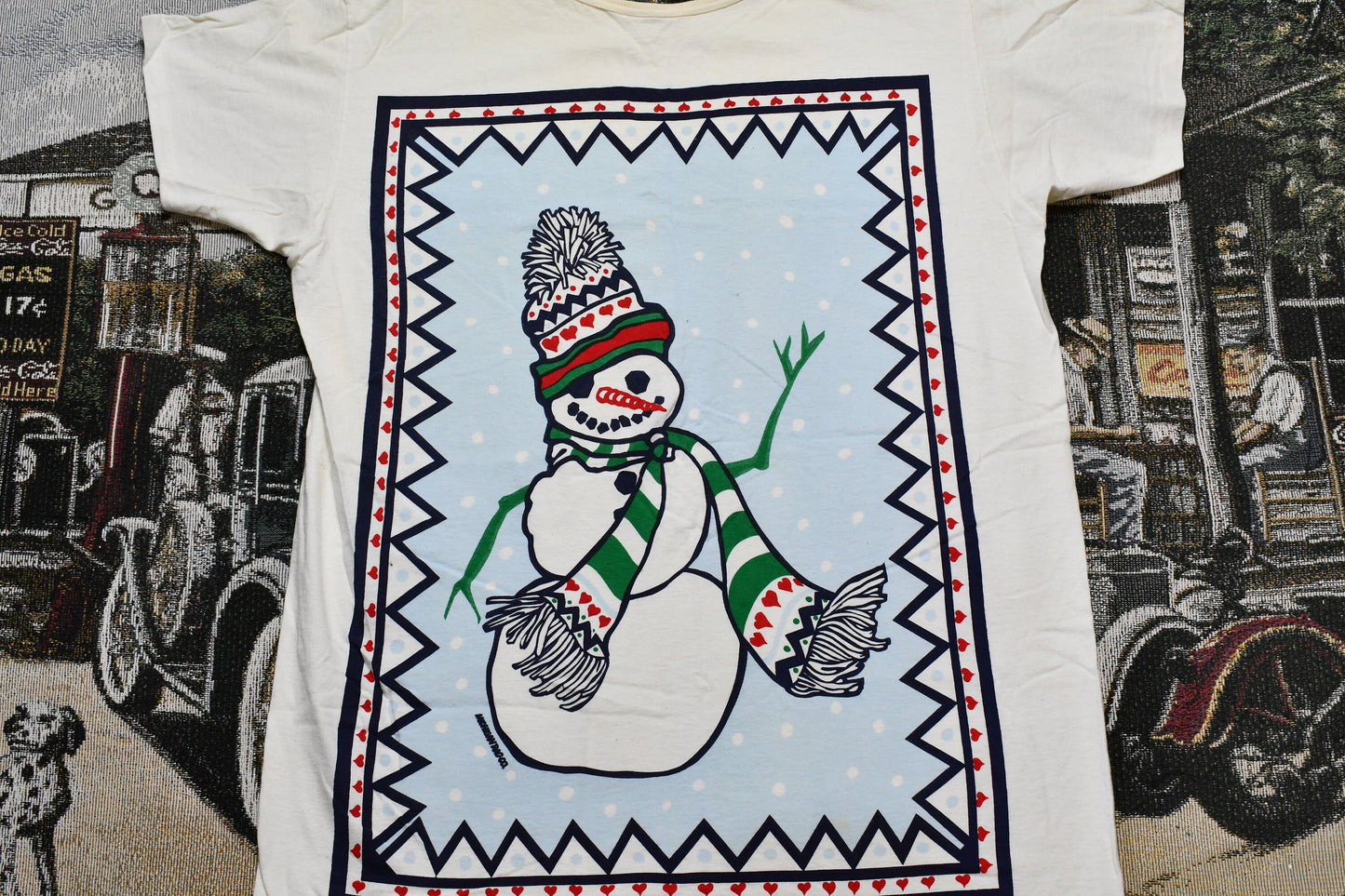 Vintage 1990s Christmas Snowman Single Stitch Lounge T-Shirt / Snowman Graphic / Pajama Shirt / Love & Hearts / Made In USA