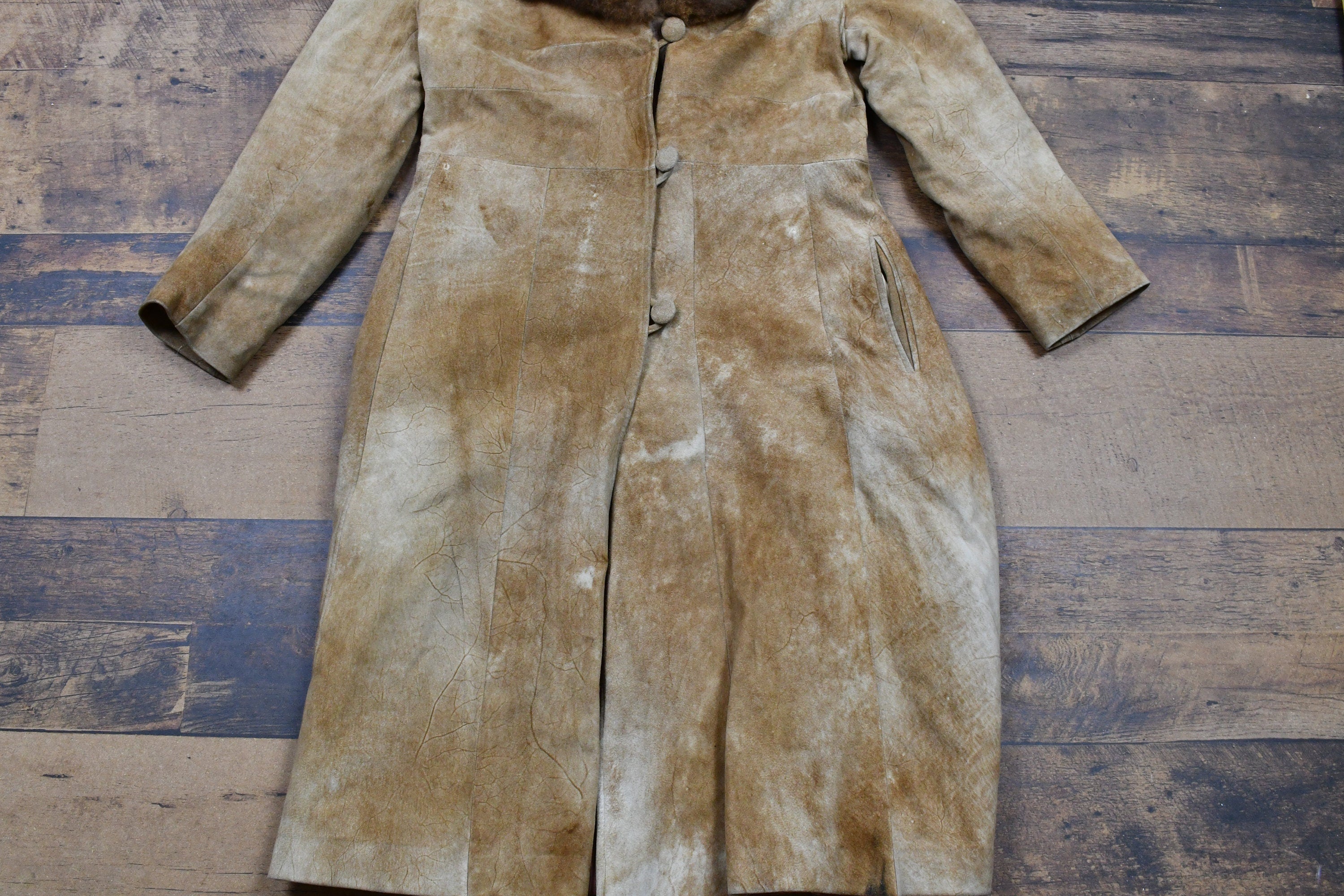 Vintage 1960s Fur Collared Suede Leather Full Length Jacket