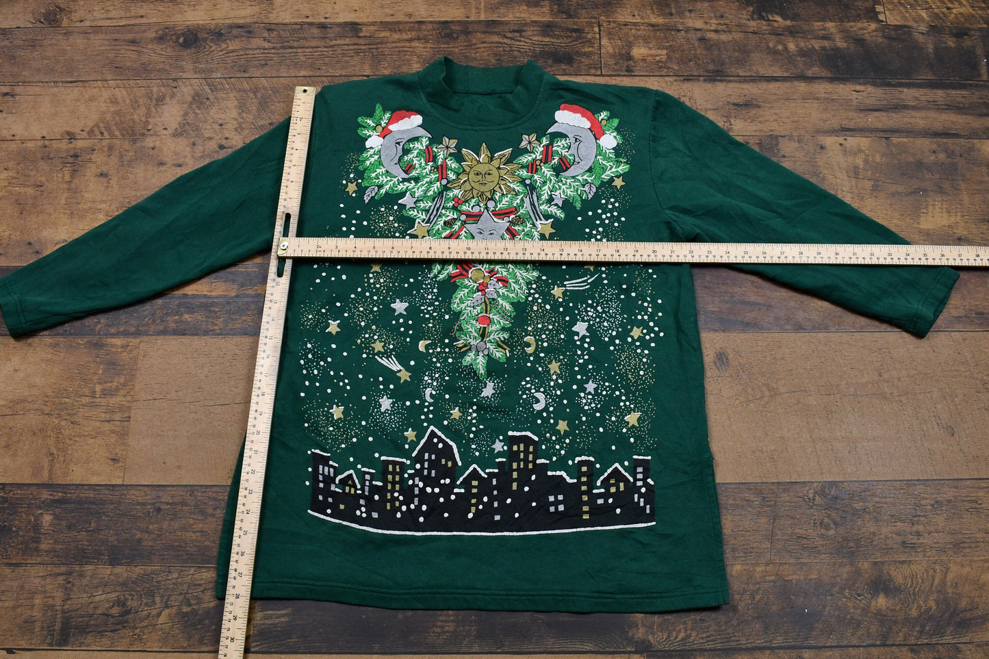 Vintage 1990s Christmas Mock Neck Long Sleeve T-Shirt , Vintage Holiday Sweatshirt , Moon And Stars , Festive All Over Print