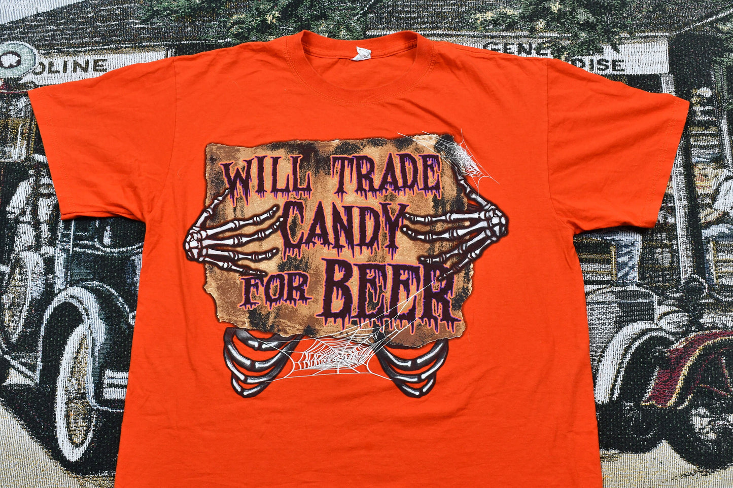 Vintage 1990s Will Trade Candy For Beer Halloween T-Shirt / Skeleton Graphic / 90s / Streetwear / Retro Style / October / Holiday Costume