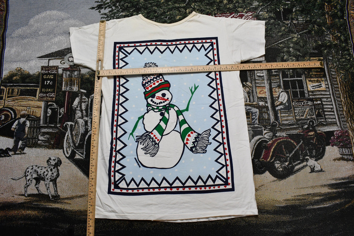 Vintage 1990s Christmas Snowman Single Stitch Lounge T-Shirt / Snowman Graphic / Pajama Shirt / Love & Hearts / Made In USA